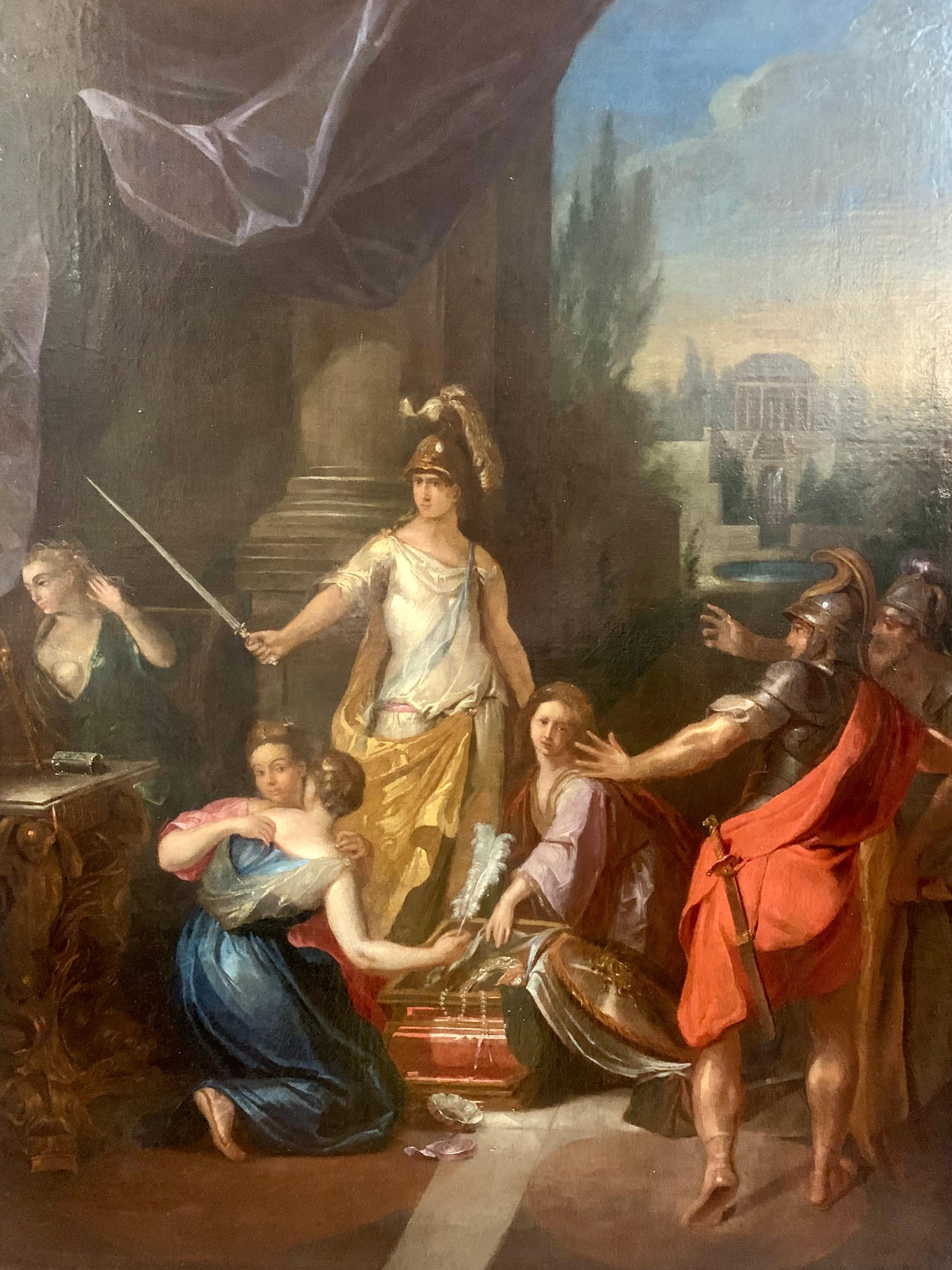 Unknown Figurative Painting - Achilles in the guise of a woman discovered by Ulysses. Dutch school, circa 1720