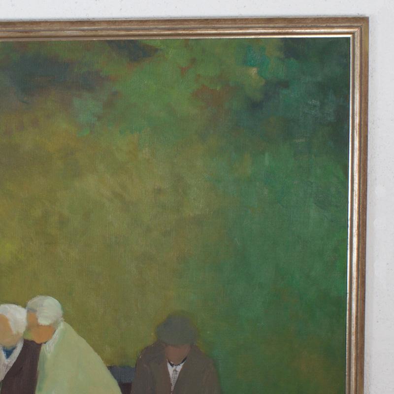 Cryptic acrylic on canvas painting of a moment in time on a park bench, by Paul Berger. The shadows in the foreground suggest passersby and the implied faces and postures of the bench people suggest a social interaction. Presented in its original