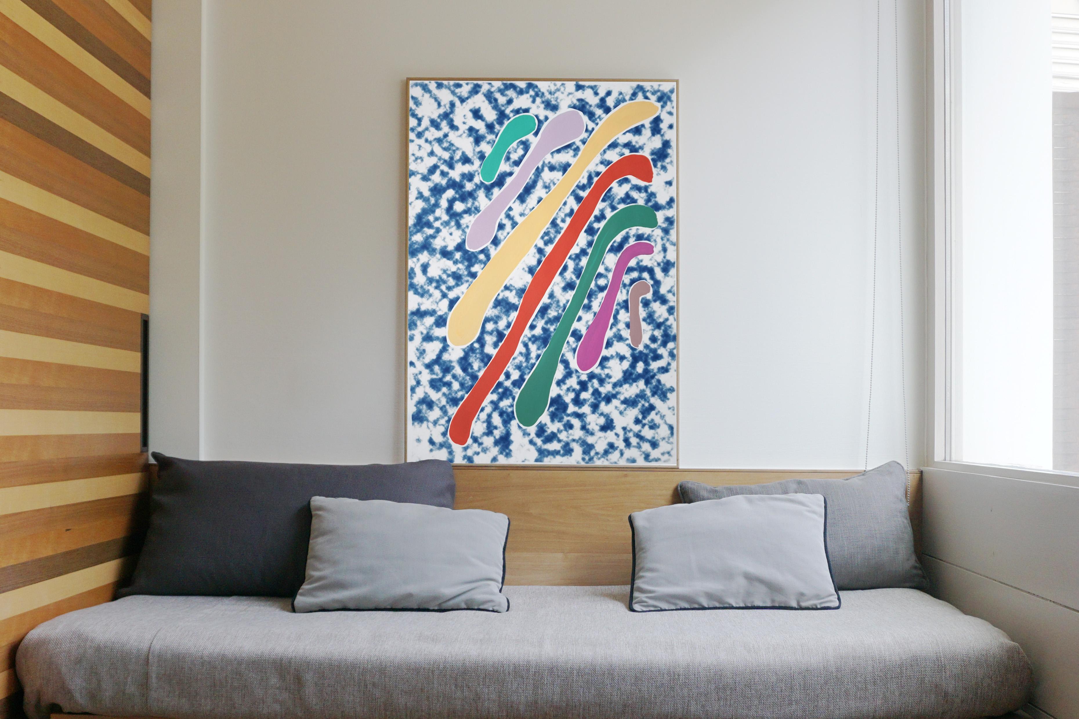 Acrylgemälde mit pastellfarbenen, traumhaften Tropfen, Mixed Media, subtiles Regenbogen, Cyanotyp  – Painting von Unknown
