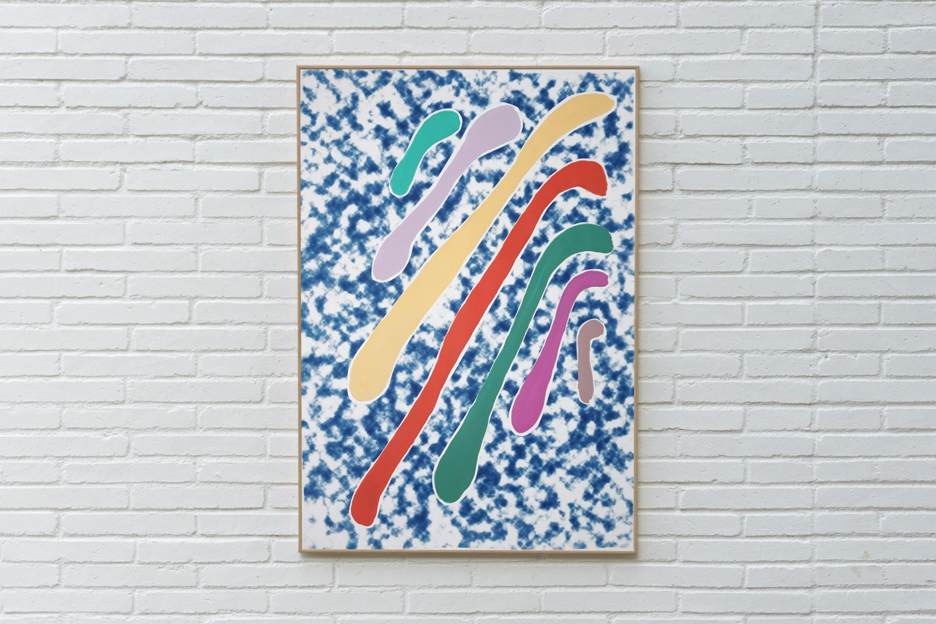 Acrylgemälde mit pastellfarbenen, traumhaften Tropfen, Mixed Media, subtiles Regenbogen, Cyanotyp  (Moderne), Painting, von Unknown