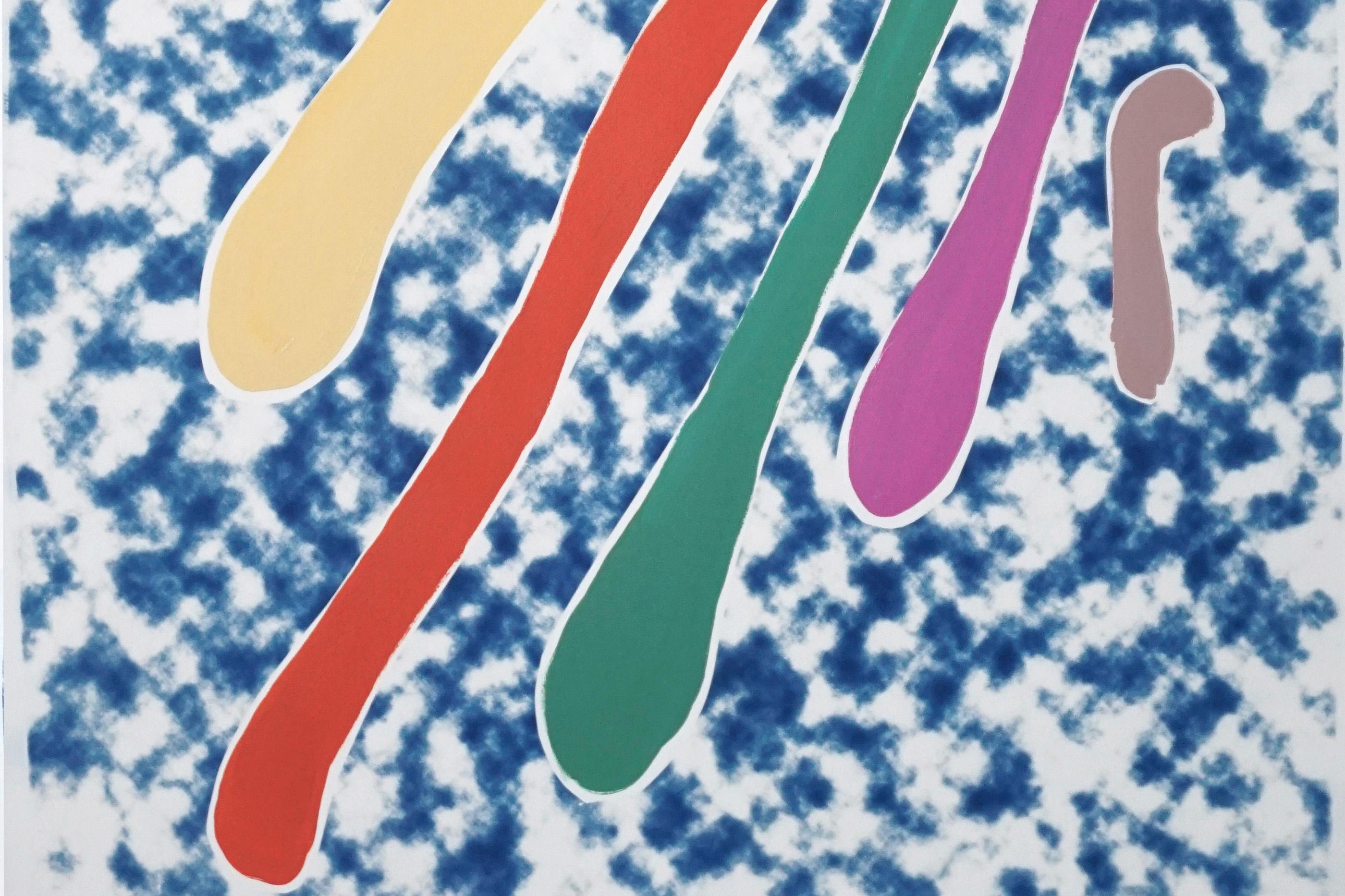 Acrylgemälde mit pastellfarbenen, traumhaften Tropfen, Mixed Media, subtiles Regenbogen, Cyanotyp  im Angebot 1