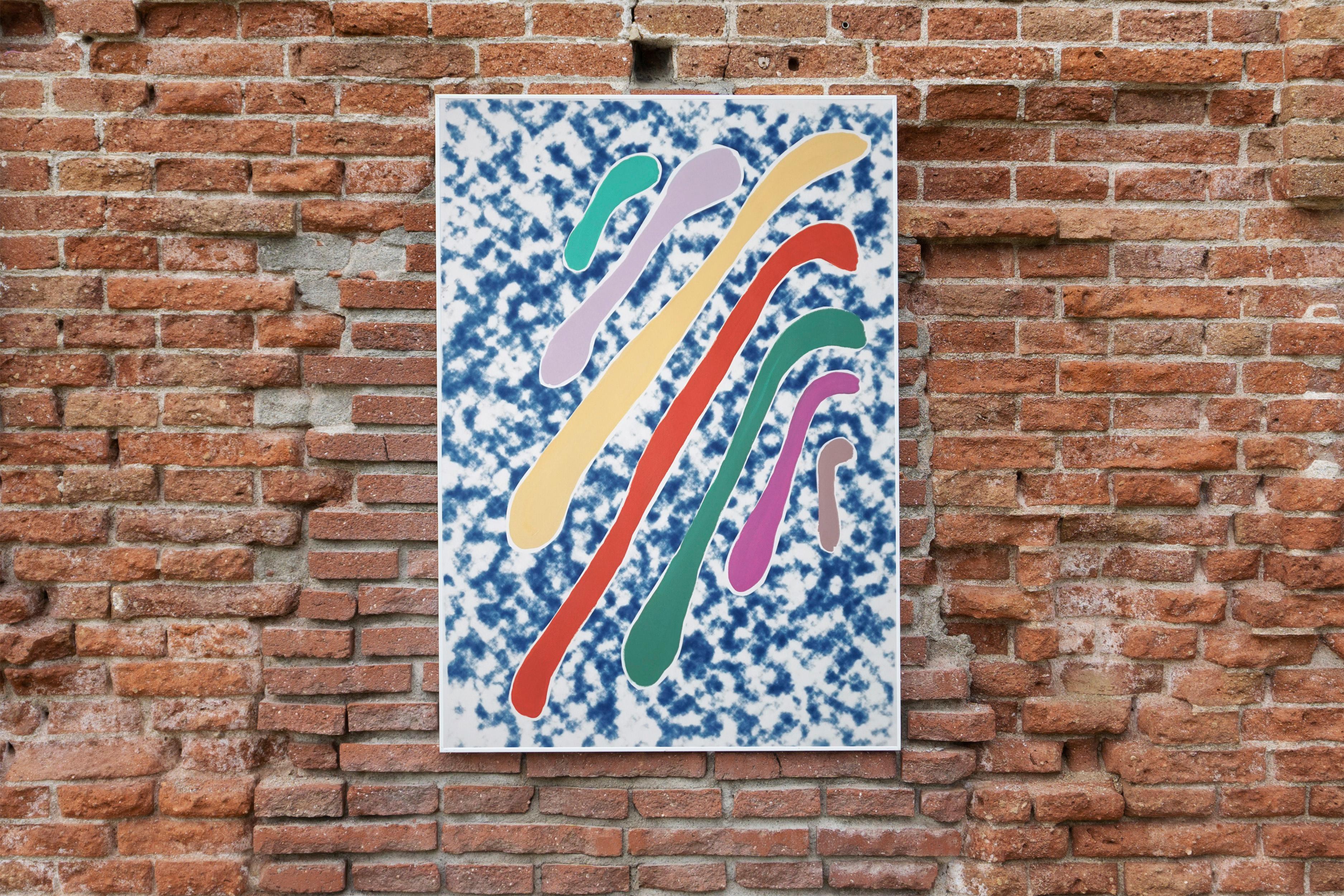 Acrylic Painting of Pastel Dreamy Drips, Mixed Media Subtle Rainbow, Cyanotype 1