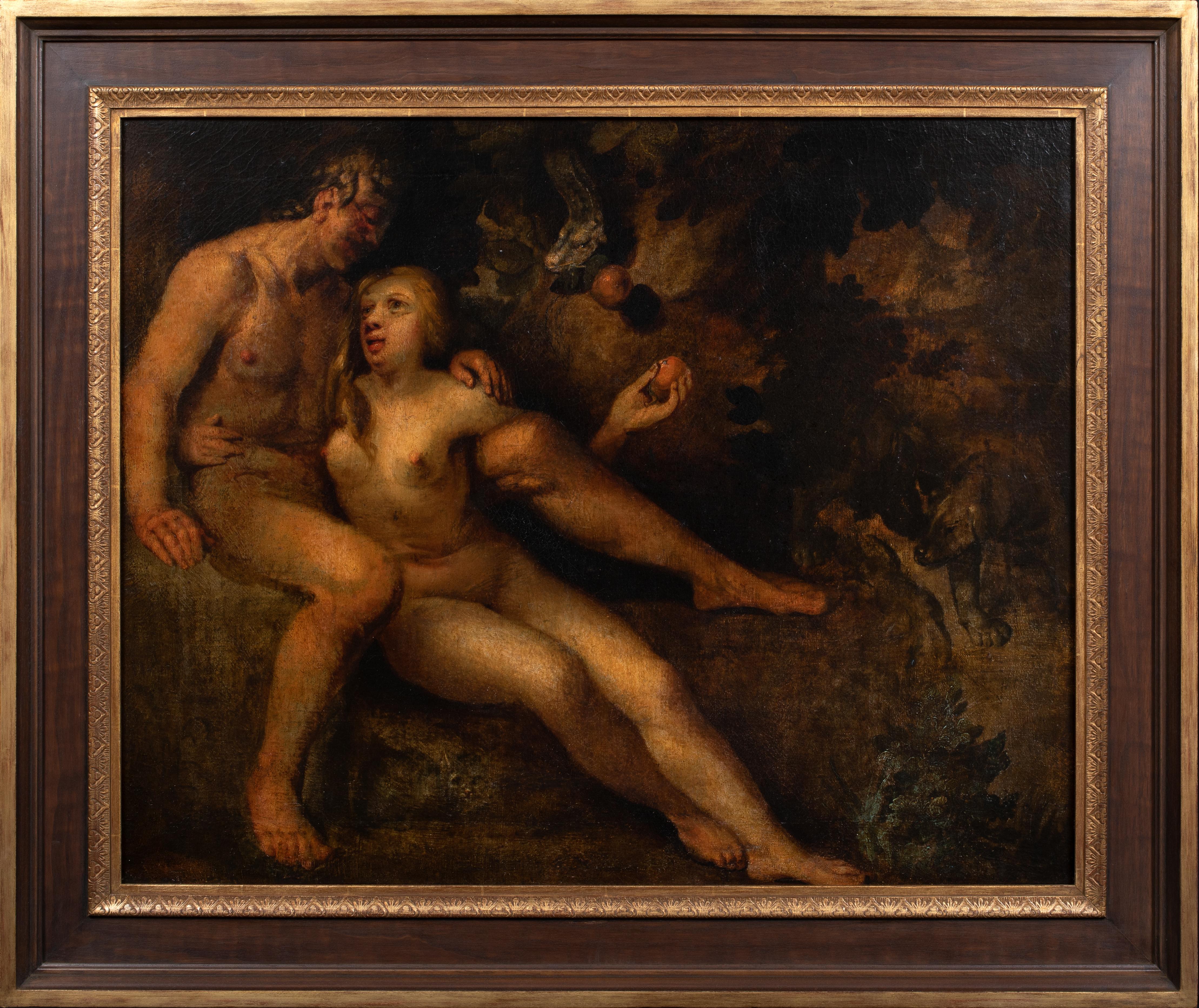 Adam et Eve dans le jardin d'Eden, école flamande du XVIe siècle - Painting de Unknown