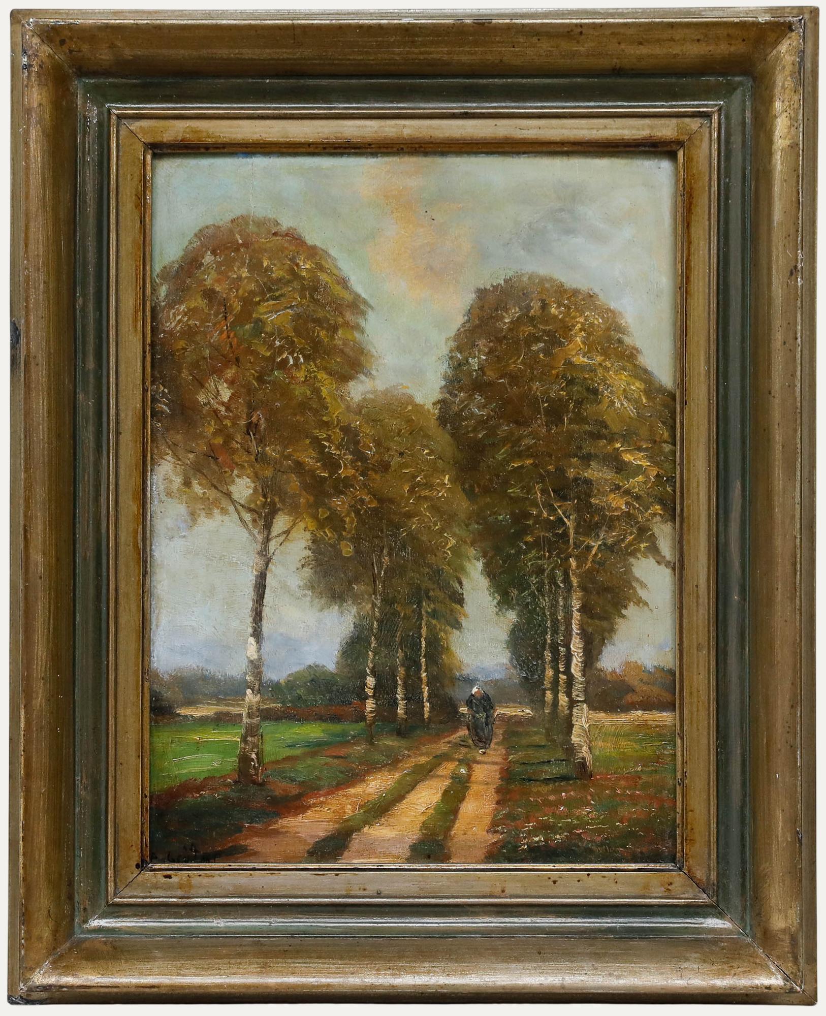 Unknown Landscape Painting – Adolf Gruttner - German School Anfang 20. Jahrhundert Öl, Spaziergang in der Birkenallee