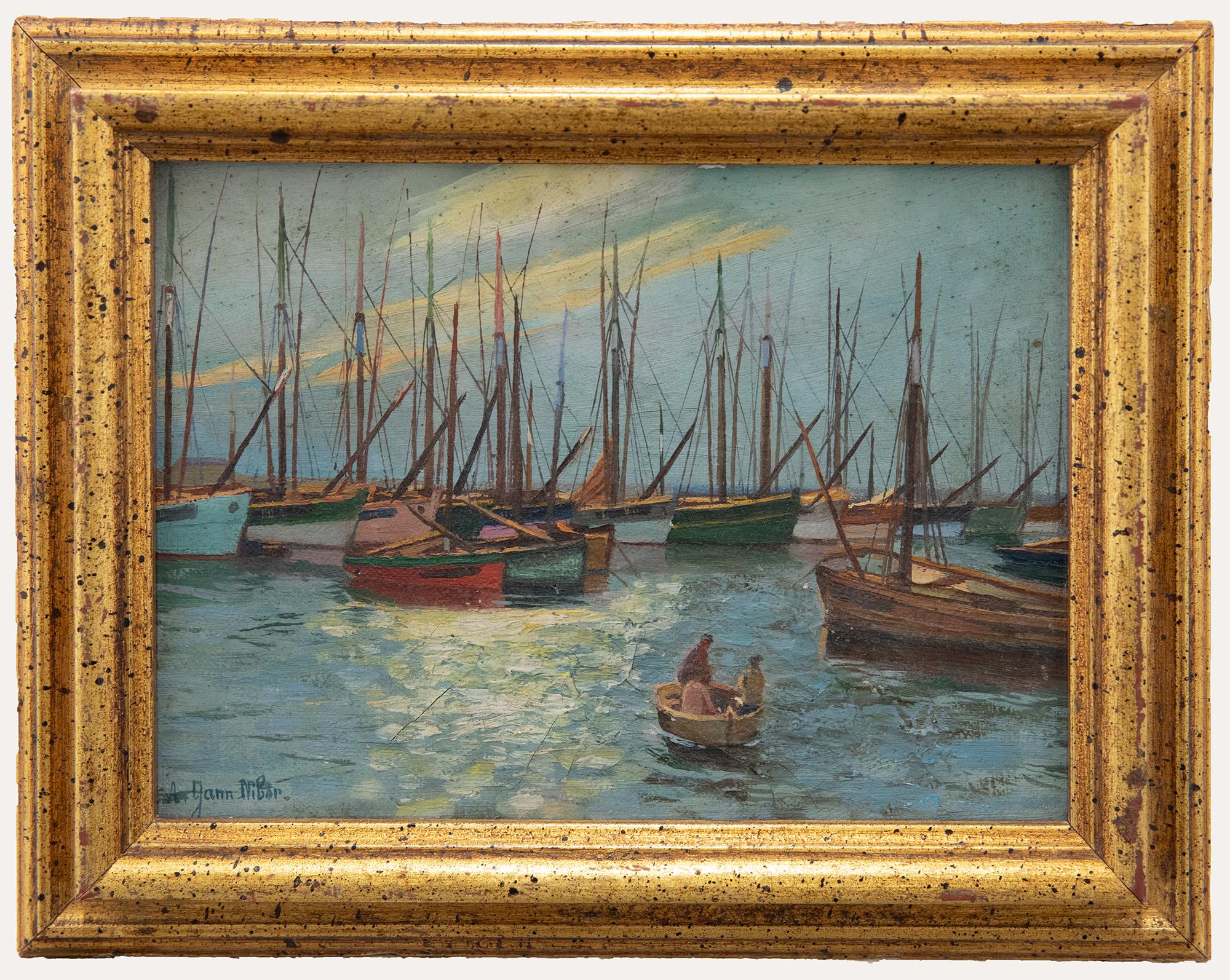 Ein charmantes Ölgemälde mit bunten Segelbooten, die in einem französischen Hafen vertäut sind. Signiert vom K�ünstler unten links. Elegant präsentiert in einem Rahmen mit Goldeffekt. Auf Leinwand. Bildgröße: 14,5 x 20,5 cm.