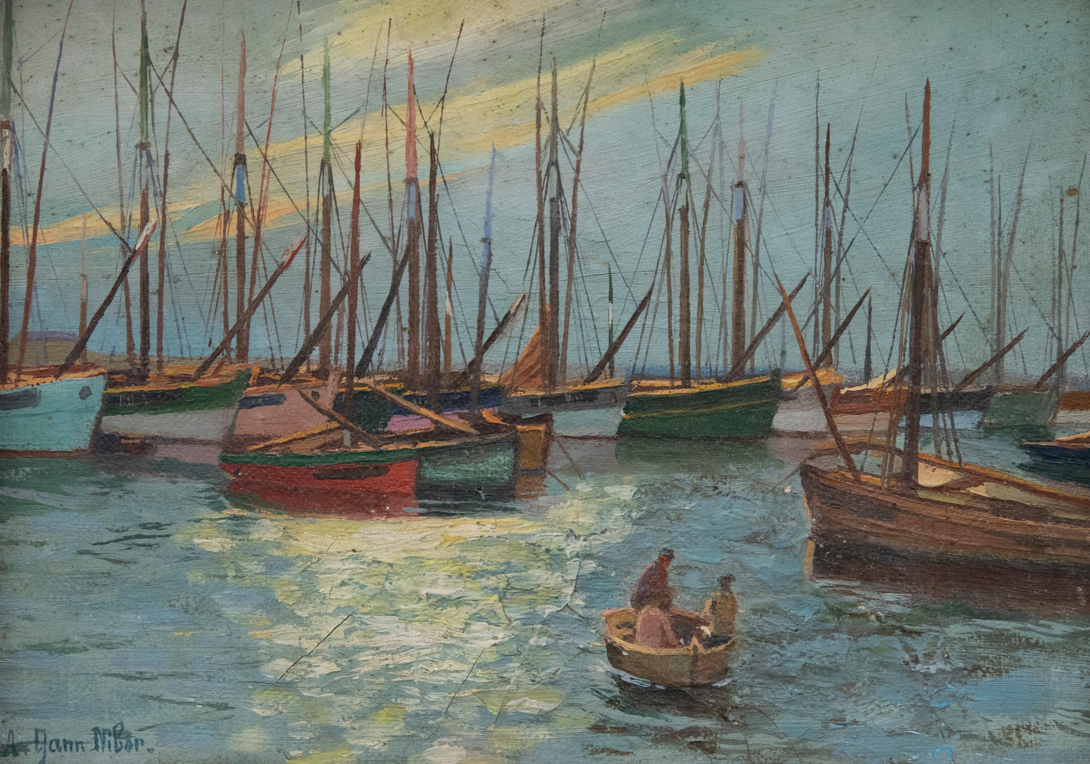 Adolphe Yann Nibor (1857-1947) - Ölgemälde des frühen 20. Jahrhunderts, Les Voiliers au Port im Angebot 1