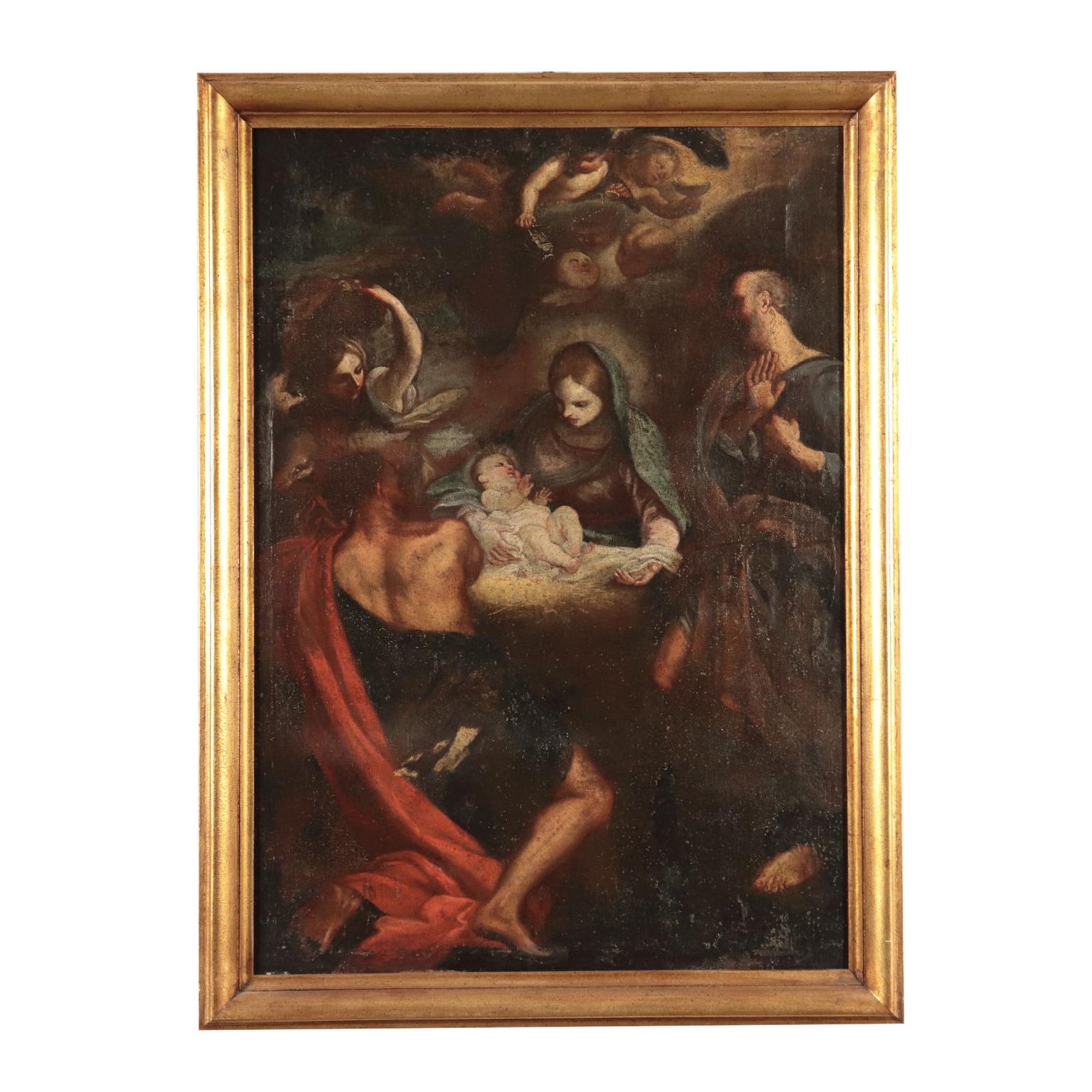 Unknown Figurative Painting - Adoration of Shepherds Oil on Canvas Center of Italy 17th Century