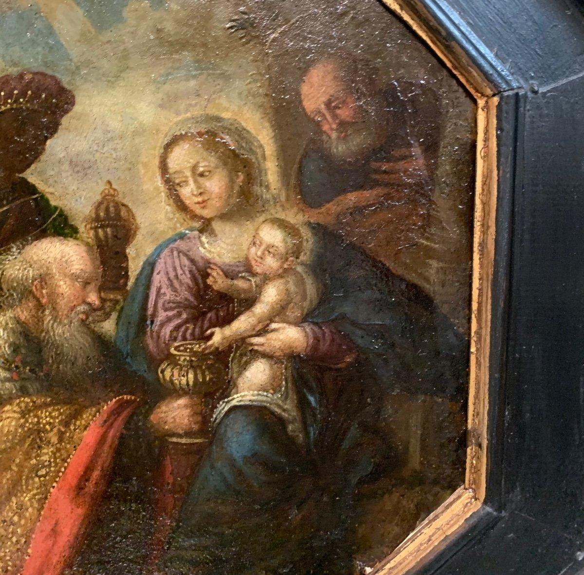 Adoration Of Three Wise Men, Epiphany. Octagonal Painting On Copper. 17th Cent 1