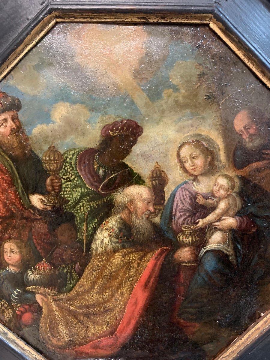 Adoration Of Three Wise Men, Epiphany. Octagonal Painting On Copper. 17th Cent 2