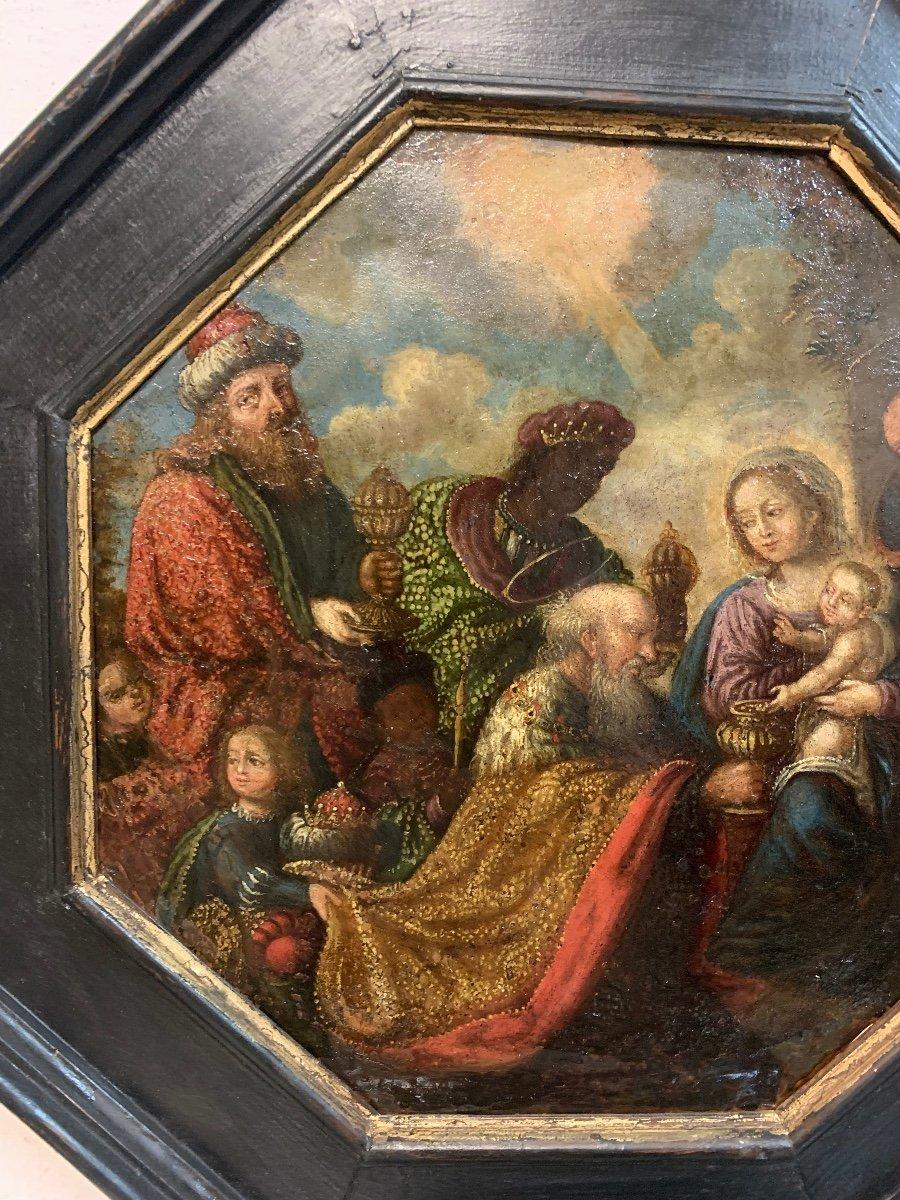 Adoration Of Three Wise Men, Epiphany. Octagonal Painting On Copper. 17th Cent 3