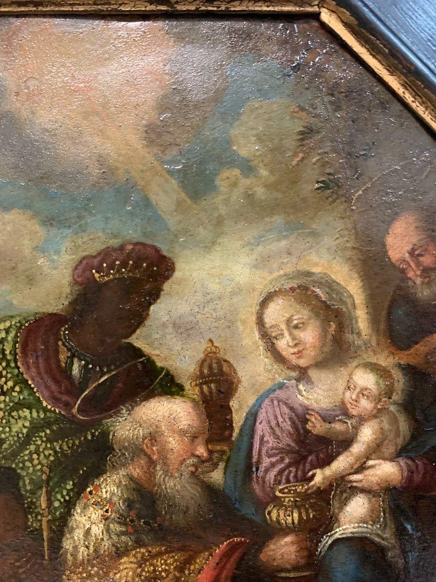 Adoration Of Three Wise Men, Epiphany. Octagonal Painting On Copper. 17th Cent 4