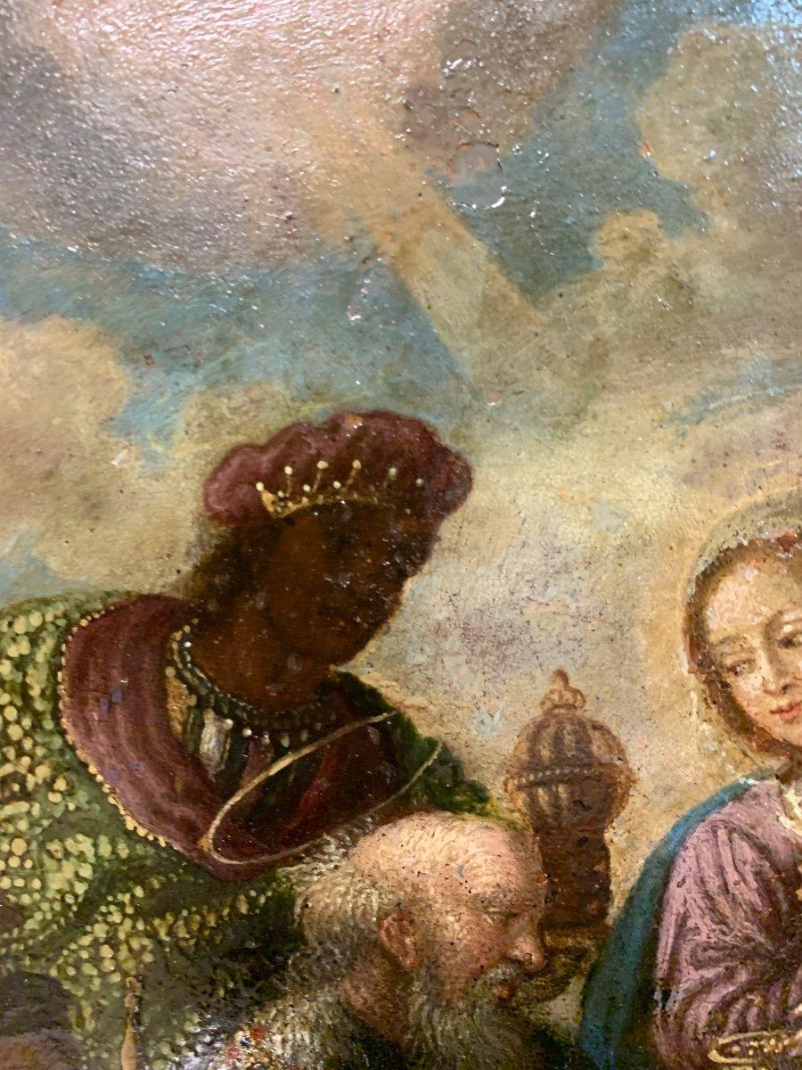 Adoration Of Three Wise Men, Epiphany. Octagonal Painting On Copper. 17th Cent 5