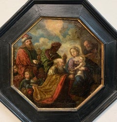 Adoration Of Three Wise Men, Epiphany. Octagonal Painting On Copper. 17th Cent