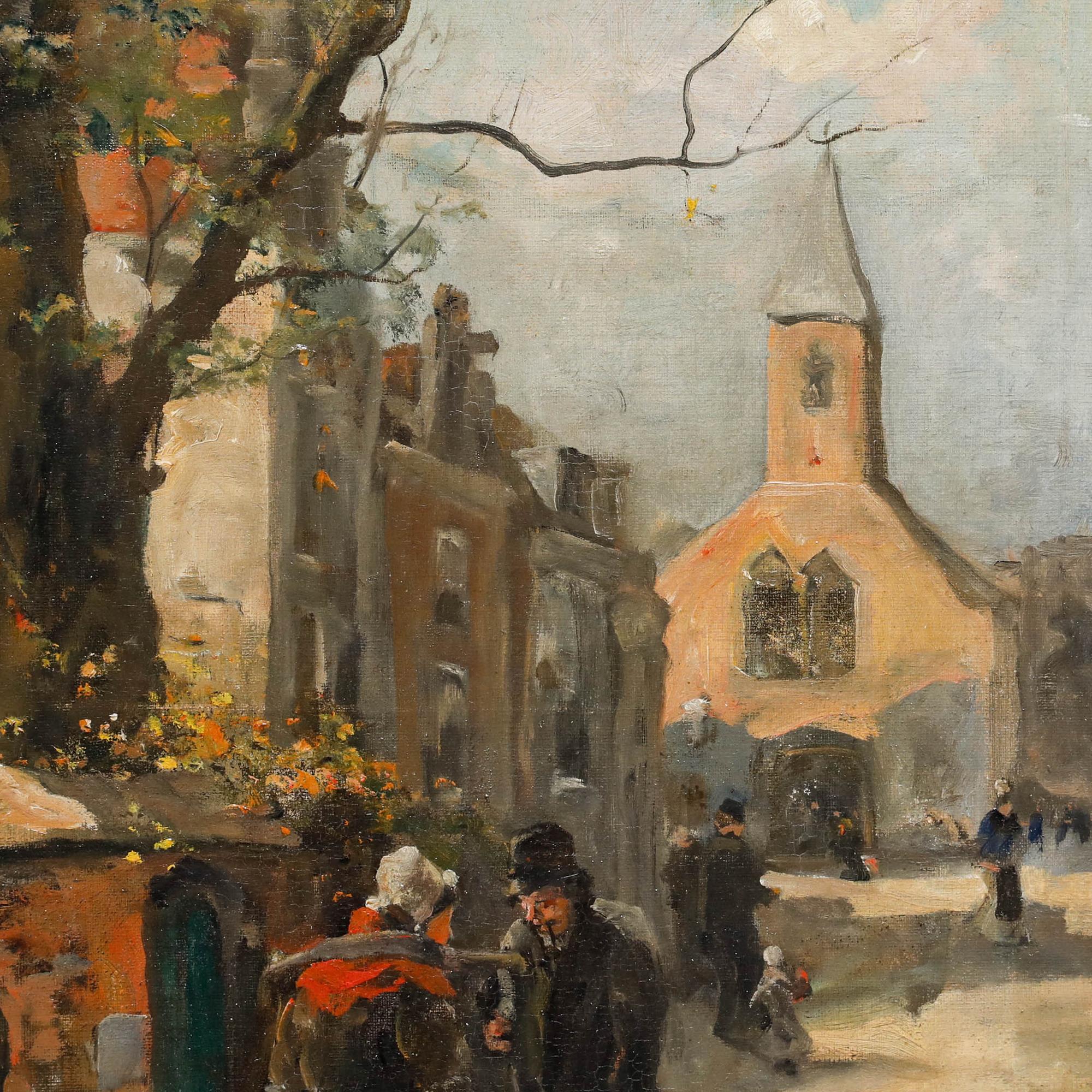 Un'incantevole scena di strada della fine del XIX secolo dell'artista Adriaan la Rivière (1857-1941) che raffigura l'incontro tra una signora con un giogo da lattaia e un anziano signore con un bastone. Completato in un morbido stile impressionista,