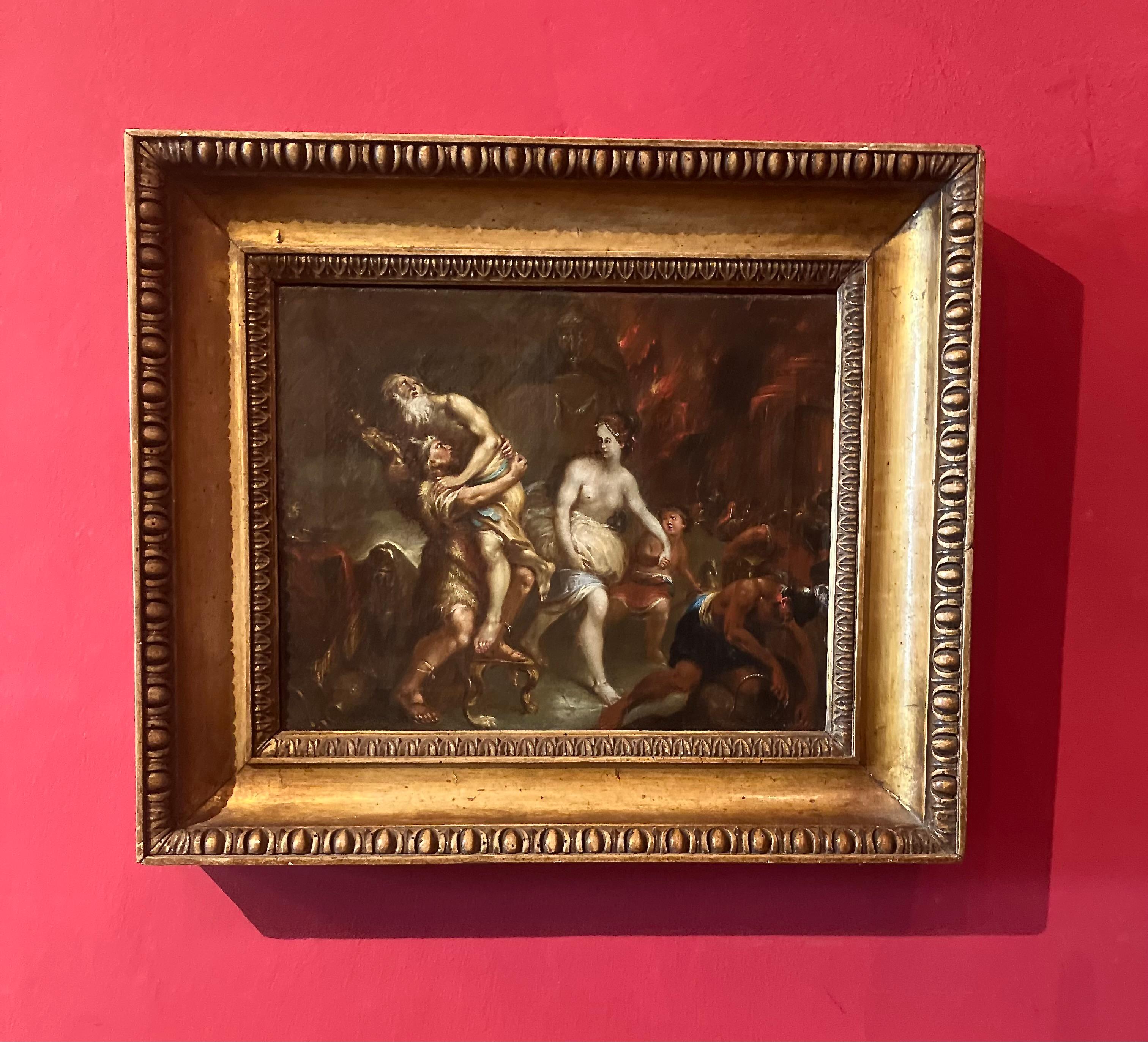 Enea in fuga dall'incendio di Troia, dipinto olio su tela fiammingo del XVII secolo - Painting di Unknown