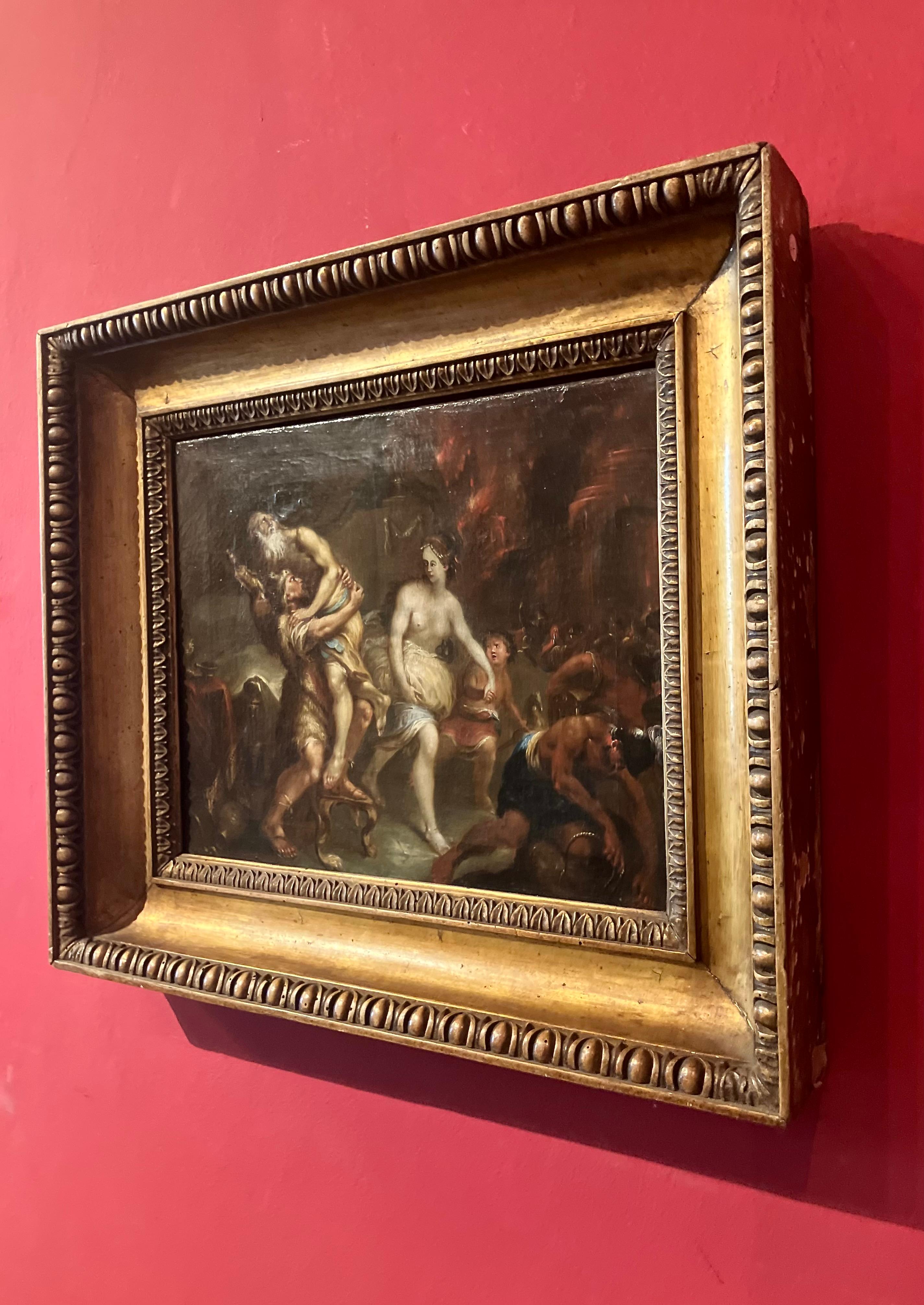 Enea in fuga dall'incendio di Troia, dipinto olio su tela fiammingo del XVII secolo - Figurative Painting Marrone di Unknown