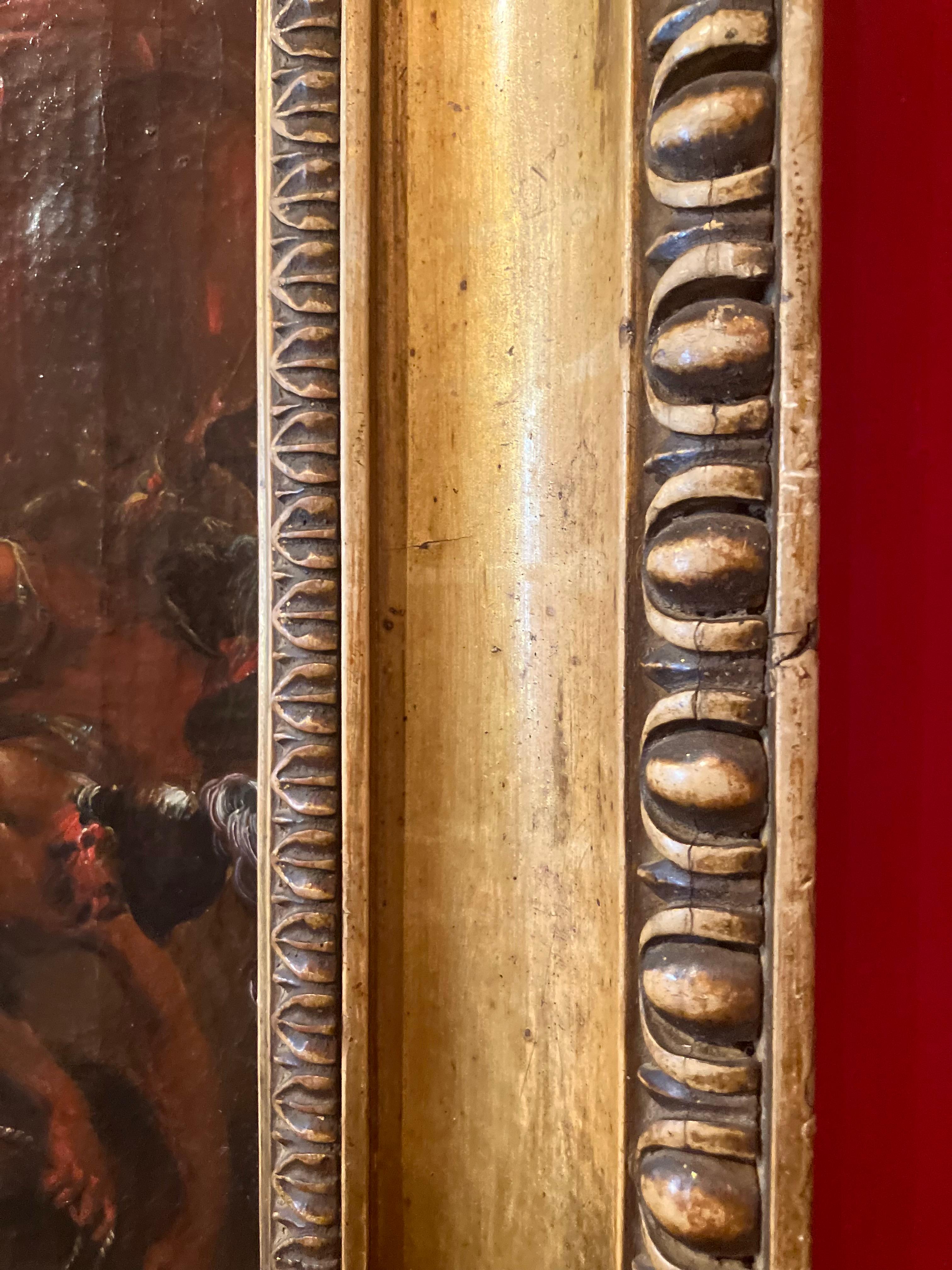 Questo dipinto a olio su tela, realizzato da un artista della Flemish School, 17th Century, raffigura una delle scene più significative della mitologia greco-romana: Enea che salva la sua famiglia dalle devastanti fiamme di Troia. L'opera cattura