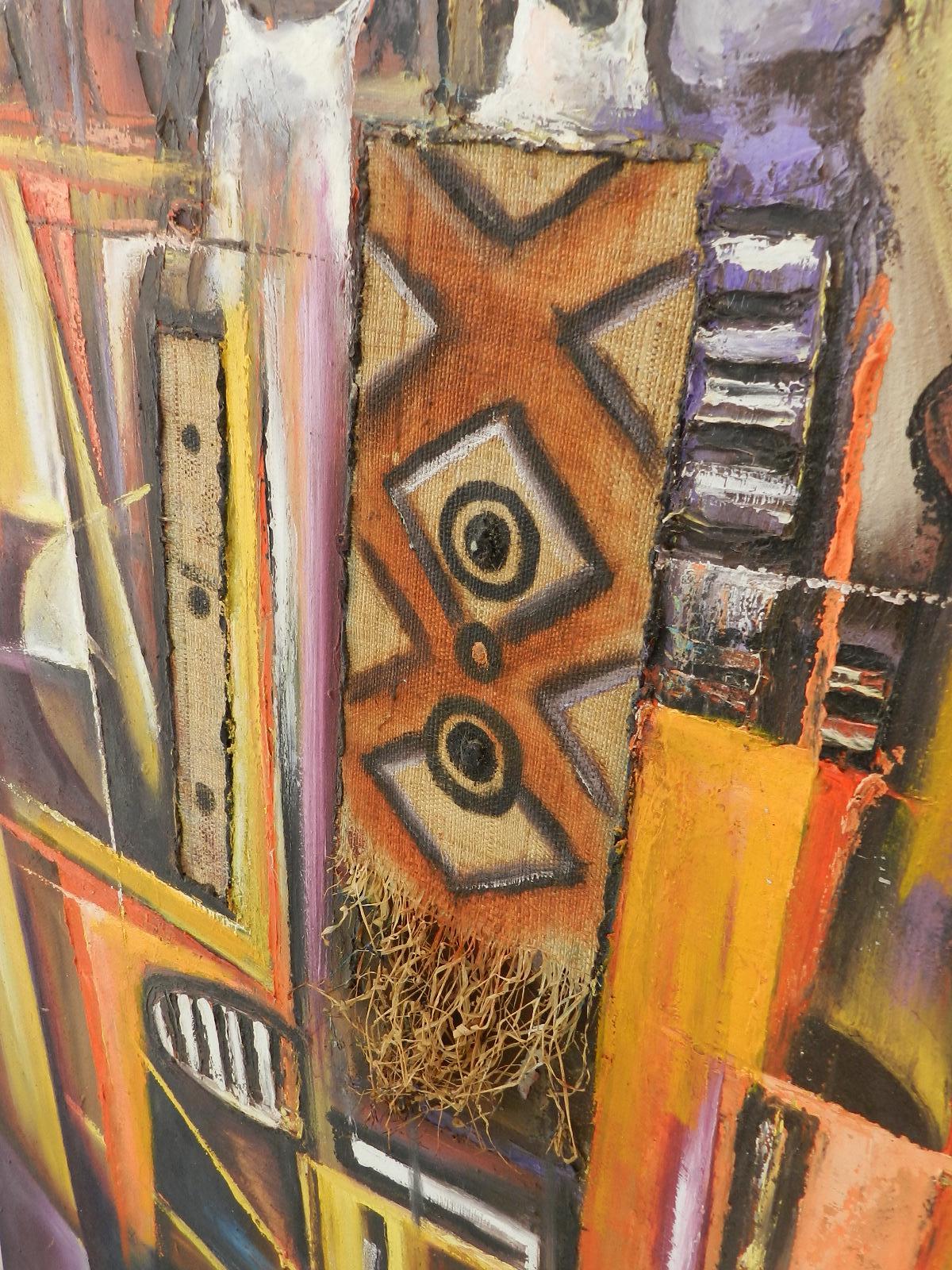 Pintura africana de vida aldeana Técnica mixta Siglo XX firmada por el artista en venta 4