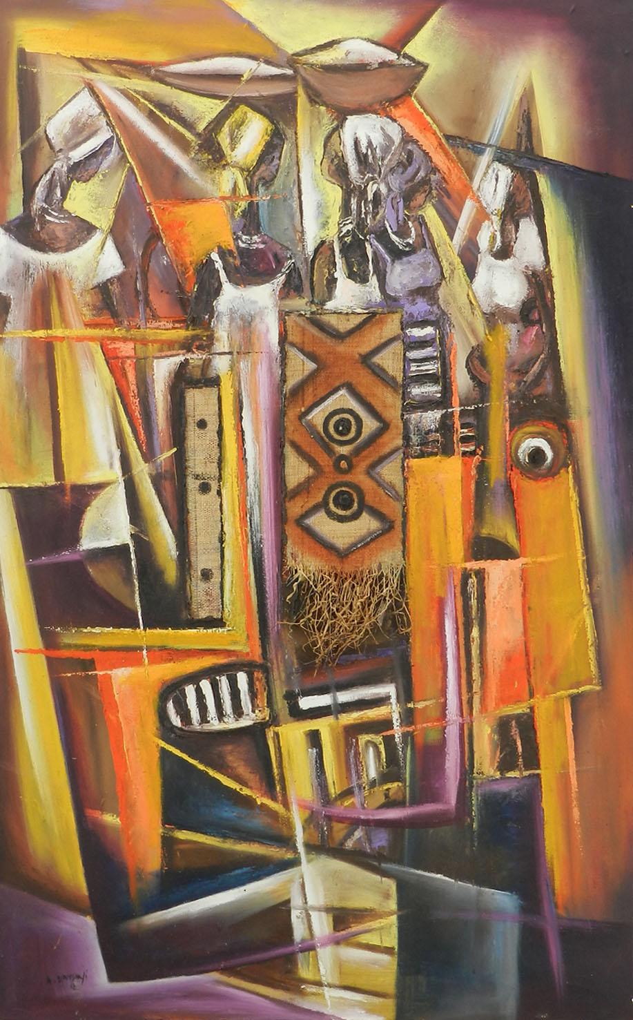 Afrikanisches Gemälde des Dorflebens in Mischtechnik, signiert vom Künstler, 20. Jahrhundert – Mixed Media Art von Unknown