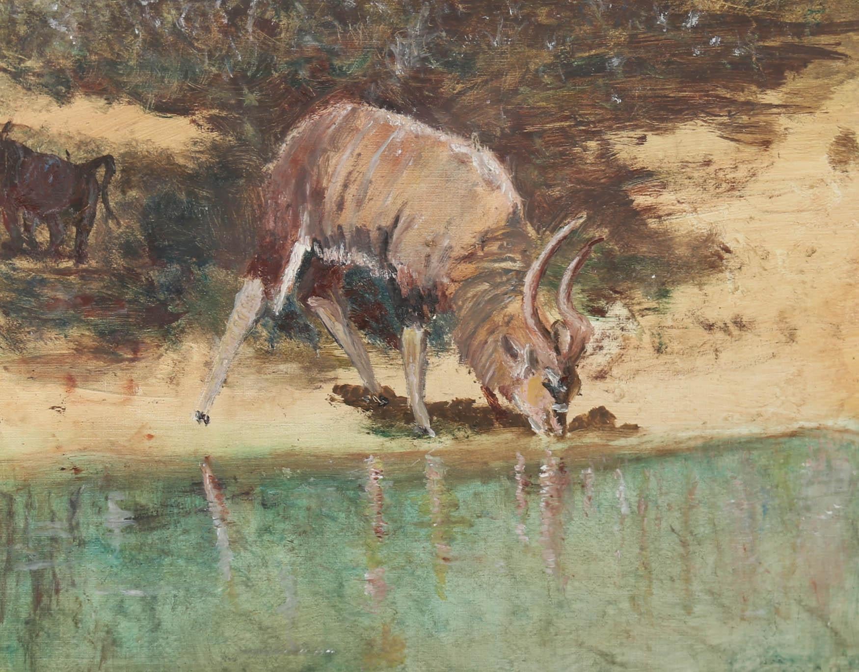 Olio di scuola africana del XX secolo - Annaffiare il bongo - Painting di Unknown