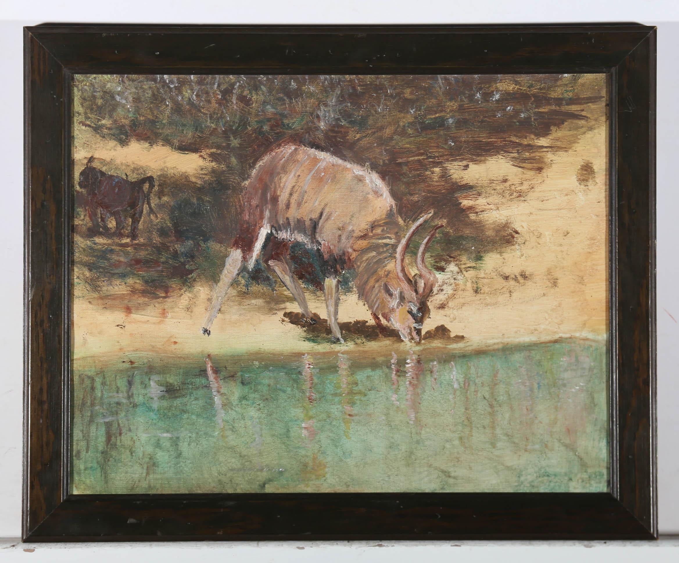 Uno studio caratteristico di un BongoAntelope africano che beve in una pozza d'acqua, con un babbuino sullo sfondo. Presentato in una cornice in legno con venature dipinte. Senza segno. A bordo. 
