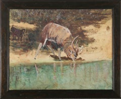 Olio di scuola africana del XX secolo - Annaffiare il bongo