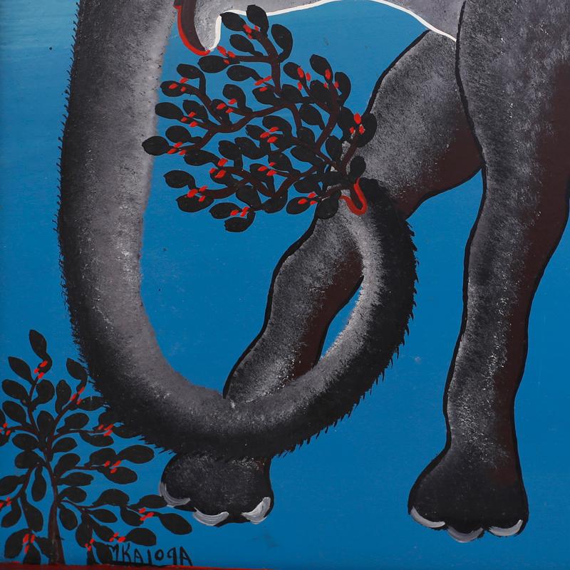 African Tingatinga School Painting on Board of an Elephant - Blue Animal Painting by Unknown
