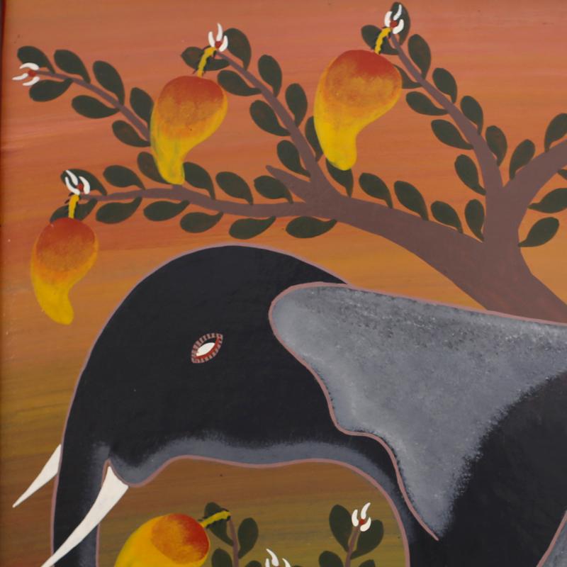 Pintura sobre tabla de la escuela africana Tingatinga de un elefante y mangos - Painting de Unknown