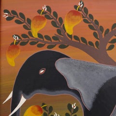 African Tingatinga School Painting on Board of an Elephant & Mangos