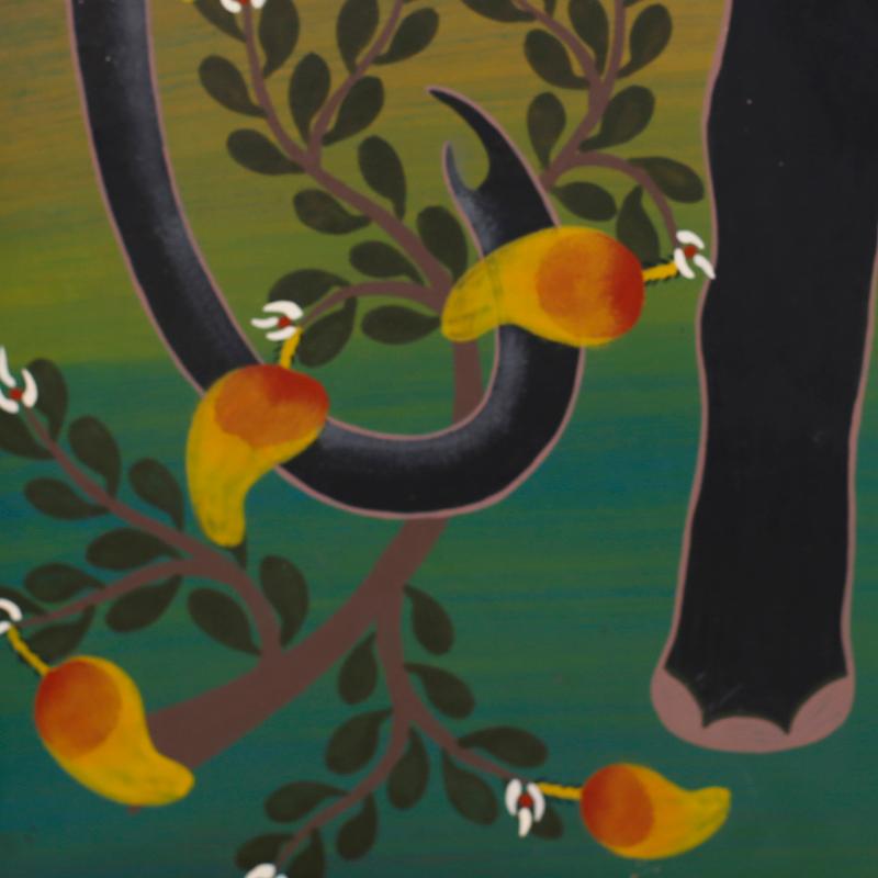 Pintura sobre tabla de la escuela africana Tingatinga de un elefante y mangos - Painting Arte popular de Unknown