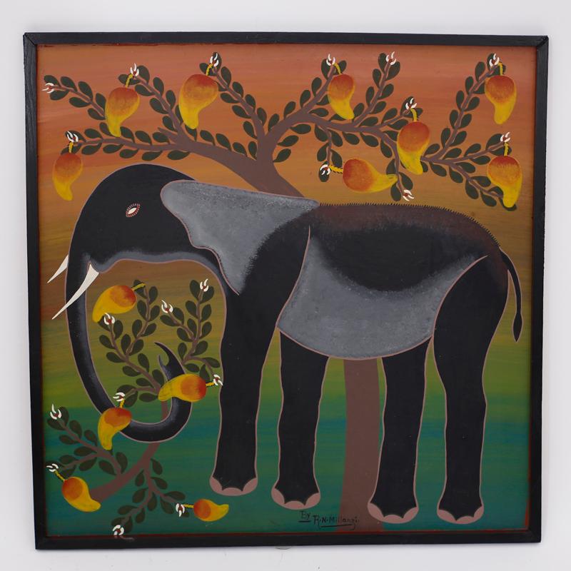 Animal Painting de Unknown - Pintura sobre tabla de la escuela africana Tingatinga de un elefante y mangos