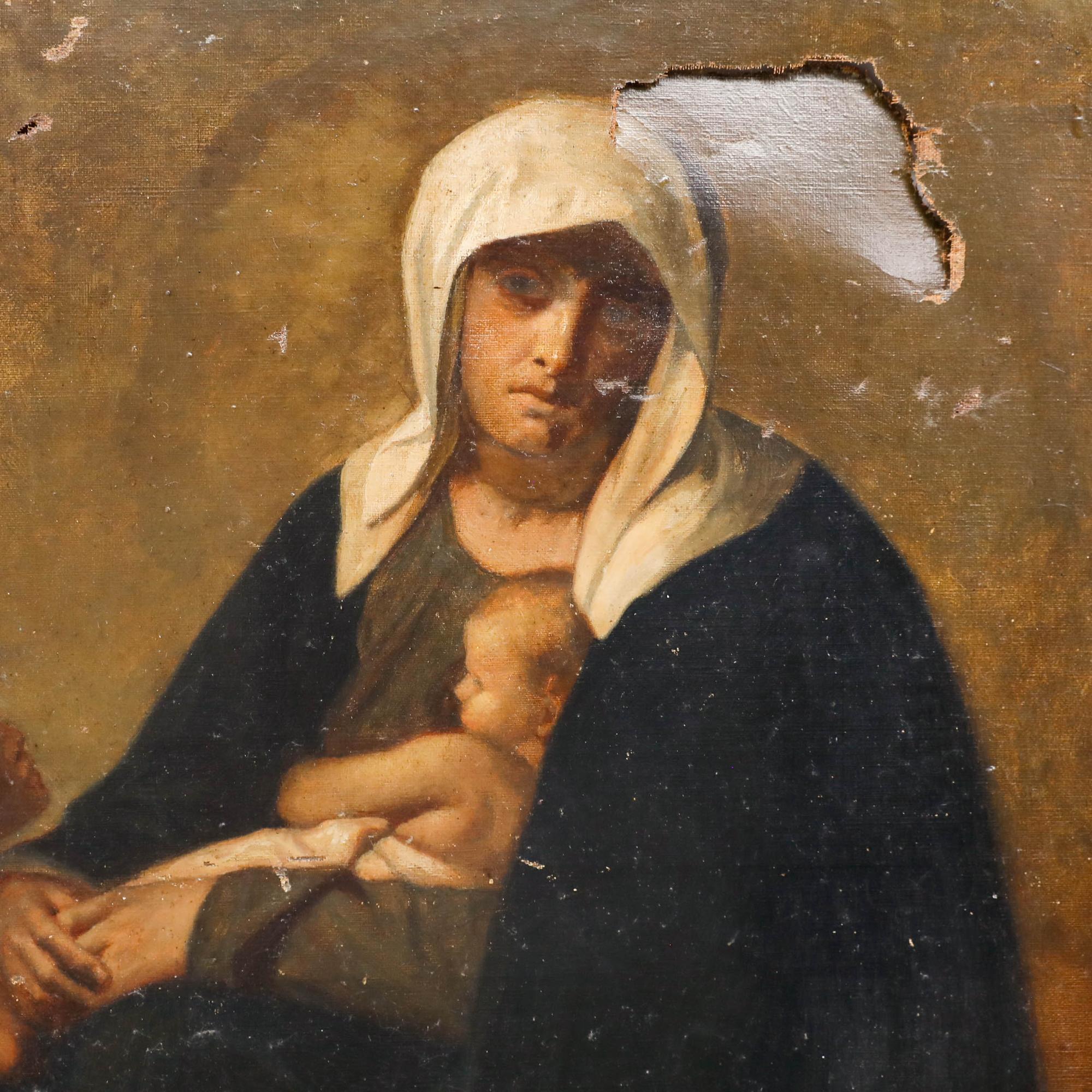 This somber painting depicts the Virgin Mary in a dark cloak and white head covering, holding the infant Jesus. The composition is centred on the maternal figure, with muted earthy tones and dramatic lighting creating a sense of solemnity and