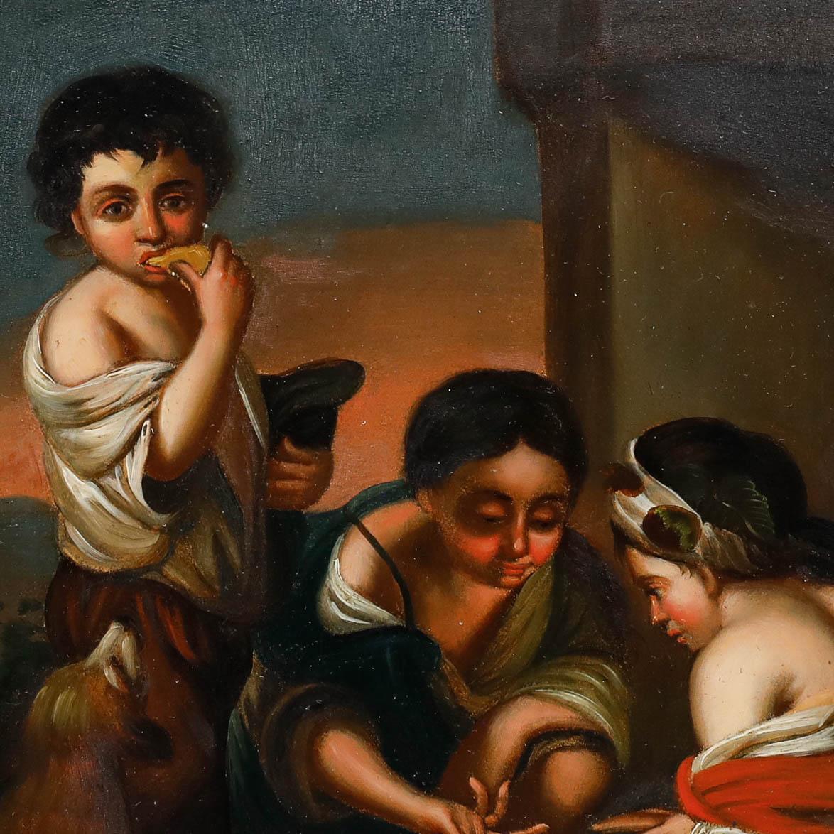 A charming 19th century oil after Bartolomé Esteban Murillo (1617–1682) depicting little beggar boys playing dice. To the left, one of the boys stares directly at a viewer, whilst a small dog waits patiently for scraps. Unsigned. Well presented in a