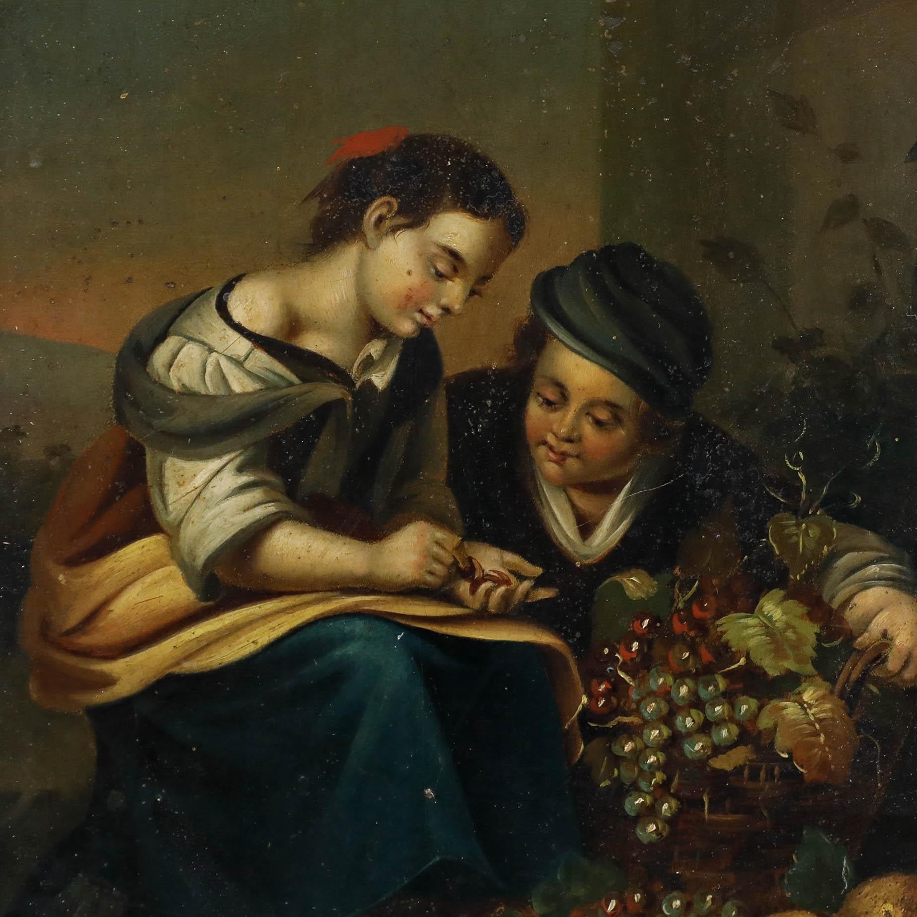Bel exemplaire d'après *La petite vendeuse de fruits* de Bartolomé Esteban Murillo (1618-1682), conservé à l'Alte Pinakothek de Munich. Murillo a souvent peint la pauvreté qu'il voyait dans sa ville natale de Séville. Ici, un jeune garçon et une