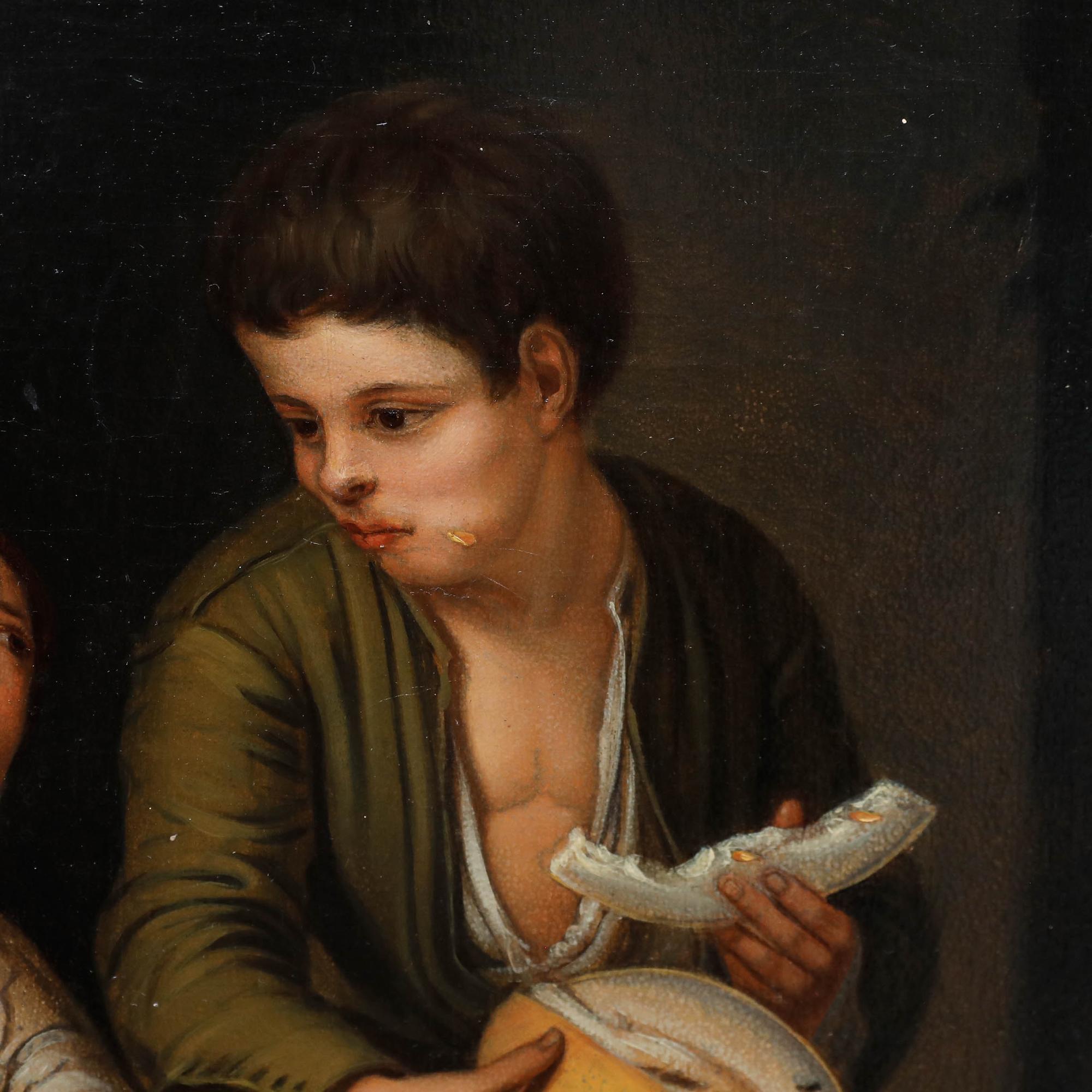Una bella copia ottocentesca di Child & Child di Bartolome Esteban Murillo che mangia uva e melone, conservata presso la Alte Pinakothek di Monaco. Sebbene Murillo sia conosciuto soprattutto per i suoi dipinti religiosi, qui rivolge la sua