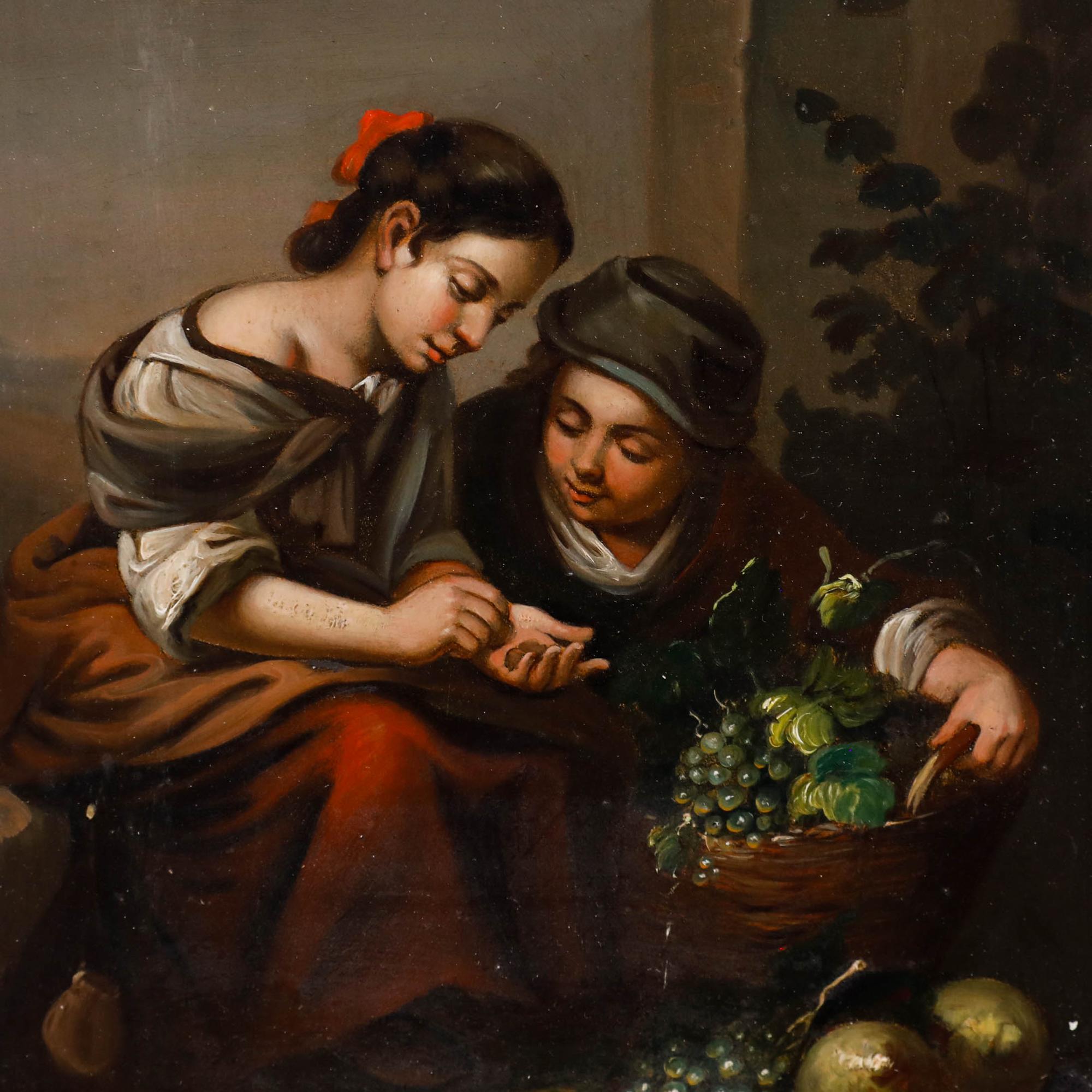 This fine painting is a reproduction of Bartolomé Esteban Murillo's work, portraying young girls selling a basket of fruit. The scene is set against a classical background, showcasing the artist's meticulous attention to detail and fine brushwork.