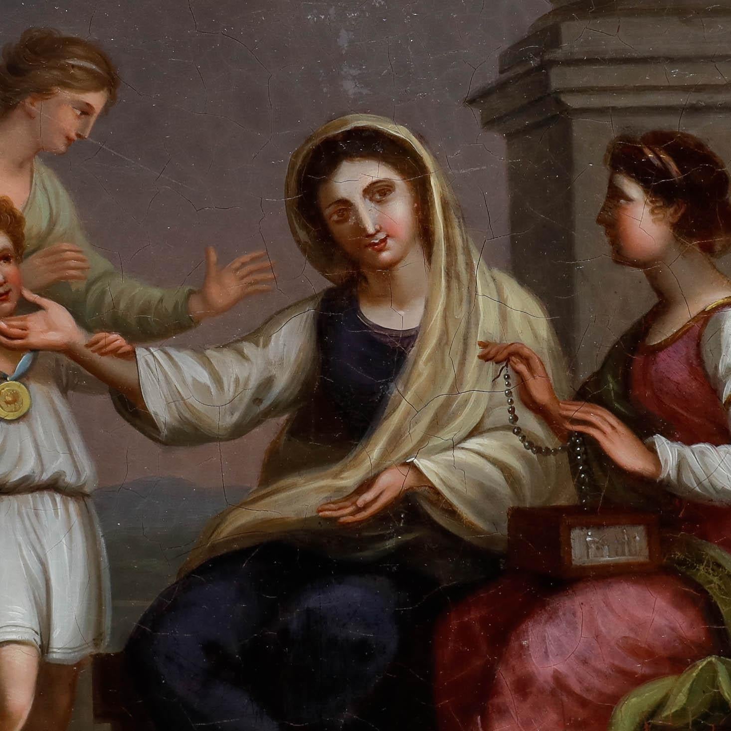 A delightful oil after Benjamin West PRA (1738-1820) depicting 'Cornelia, Mother of the Gracchi, shewing her Children as her only Ornaments'. This is a fine copy of the original, defined by soft brushstrokes. Unsigned. On iron. 