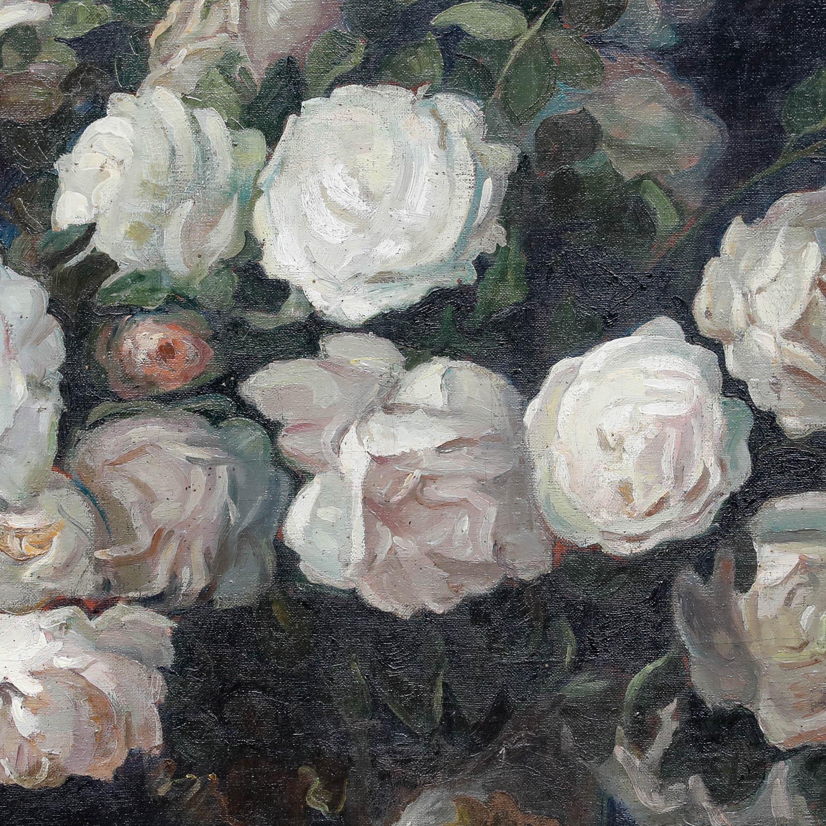 After Blazej Iwanowski (1889-1966) - Mid 20th Century Oil, White Roses - Black Still-Life Painting by Unknown