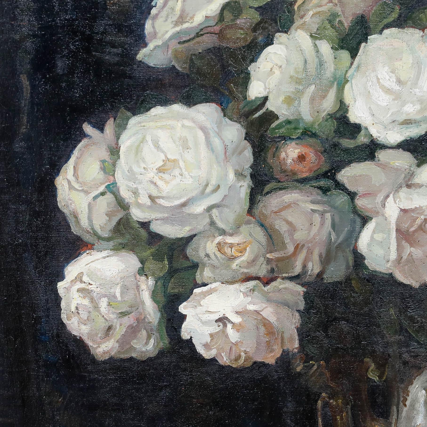 This accomplished still life captures a bouquet of white roses arranged in a Japanese-style, floral-patterned vase set upon a rich wooden surface. The composition masterfully contrasts the delicate beauty of the flowers against a dark, rich