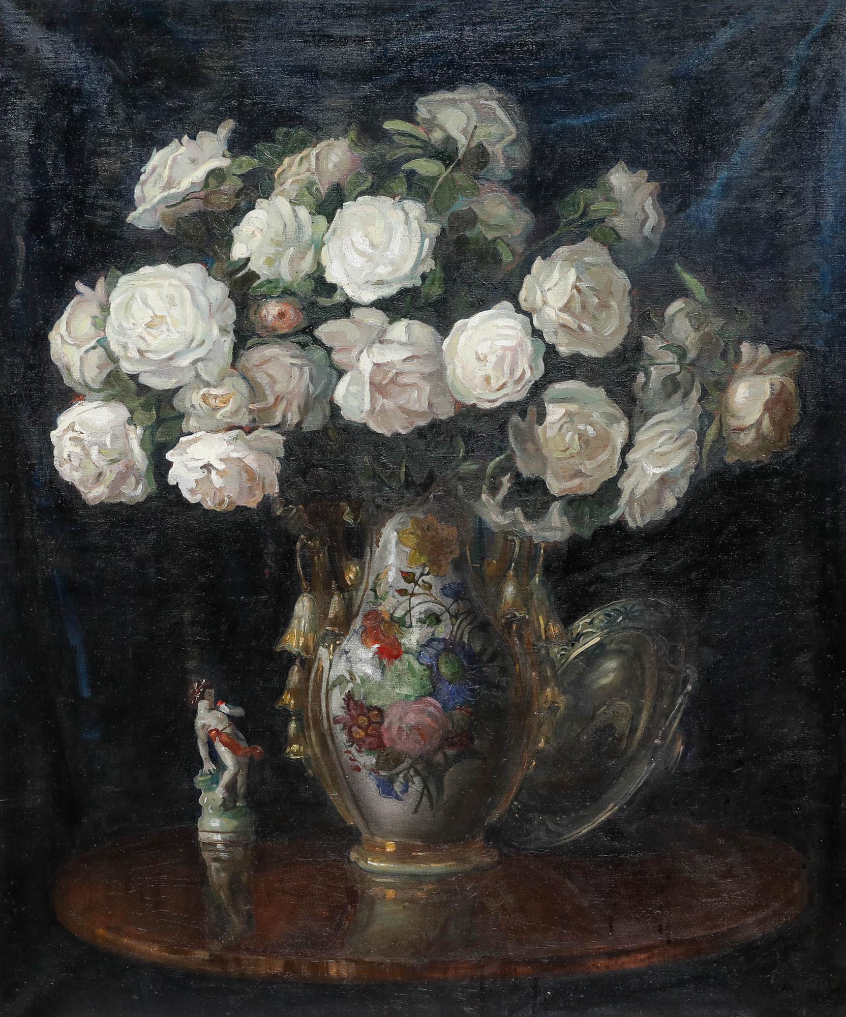 Unknown Still-Life Painting - After Blazej Iwanowski (1889-1966) - Mid 20th Century Oil, White Roses