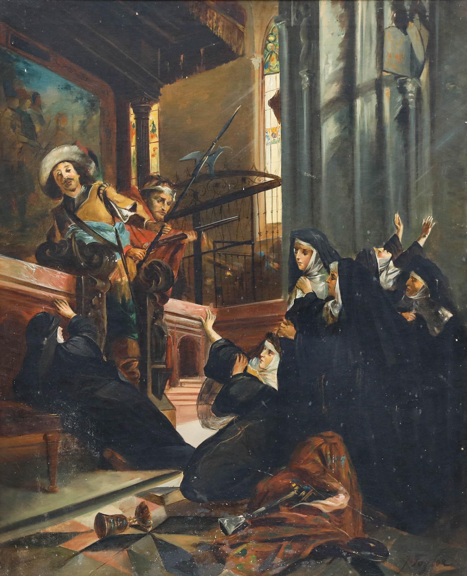 D'après Carl Werner - Huile encadrée du début du 20e siècle, Nonnes assiégées - Painting de Unknown