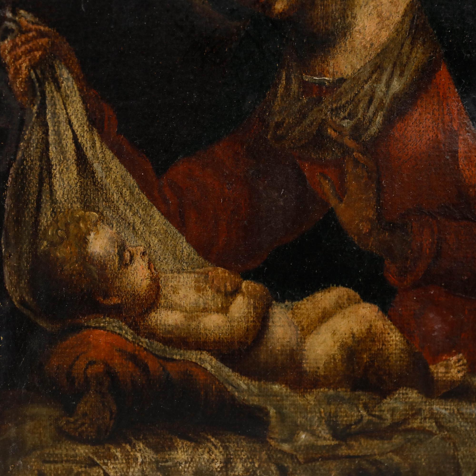 D'après Carlo Dolci (1616-1686) Madone du voile, huile sur toile. Le portrait représente la Vierge Marie contemplant l'enfant Jésus endormi. Non signée. Sur toile. Taille de l'image : 28 x 22 cm.