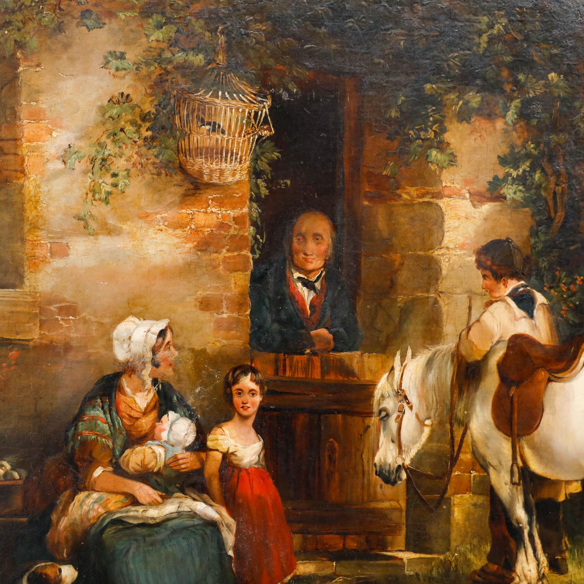This 19th-century pastoral scene depicts a rustic cottage, with figures gathered by the door, accompanied by a white horse and resting cattle beneath overhanging foliage. The composition employs warm, golden tones and dramatic chiaroscuro lighting