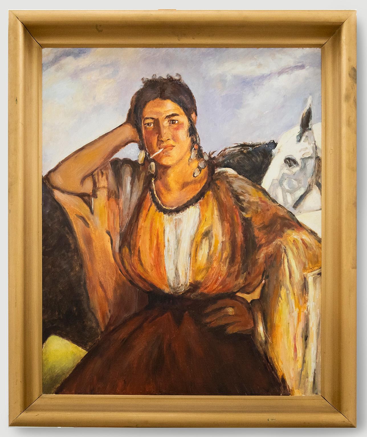 Unknown Portrait Painting - After Edouard Manet - Framed 1998 Oil, Gypsy with a Cigarette