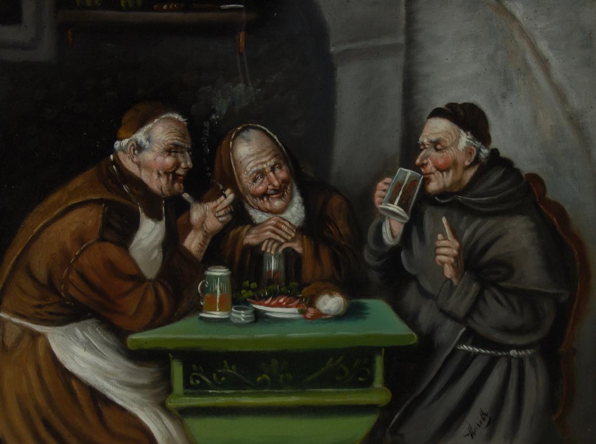 After Eduard von Grutzner - Early 20th Century Oil, Three Monks at a Table - Painting by Unknown