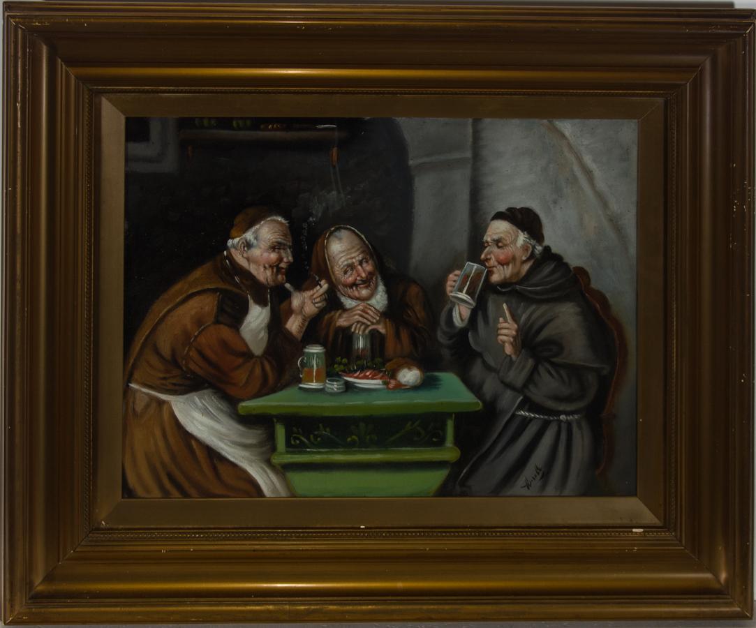 Unknown Figurative Painting - After Eduard von Grutzner - Early 20th Century Oil, Three Monks at a Table