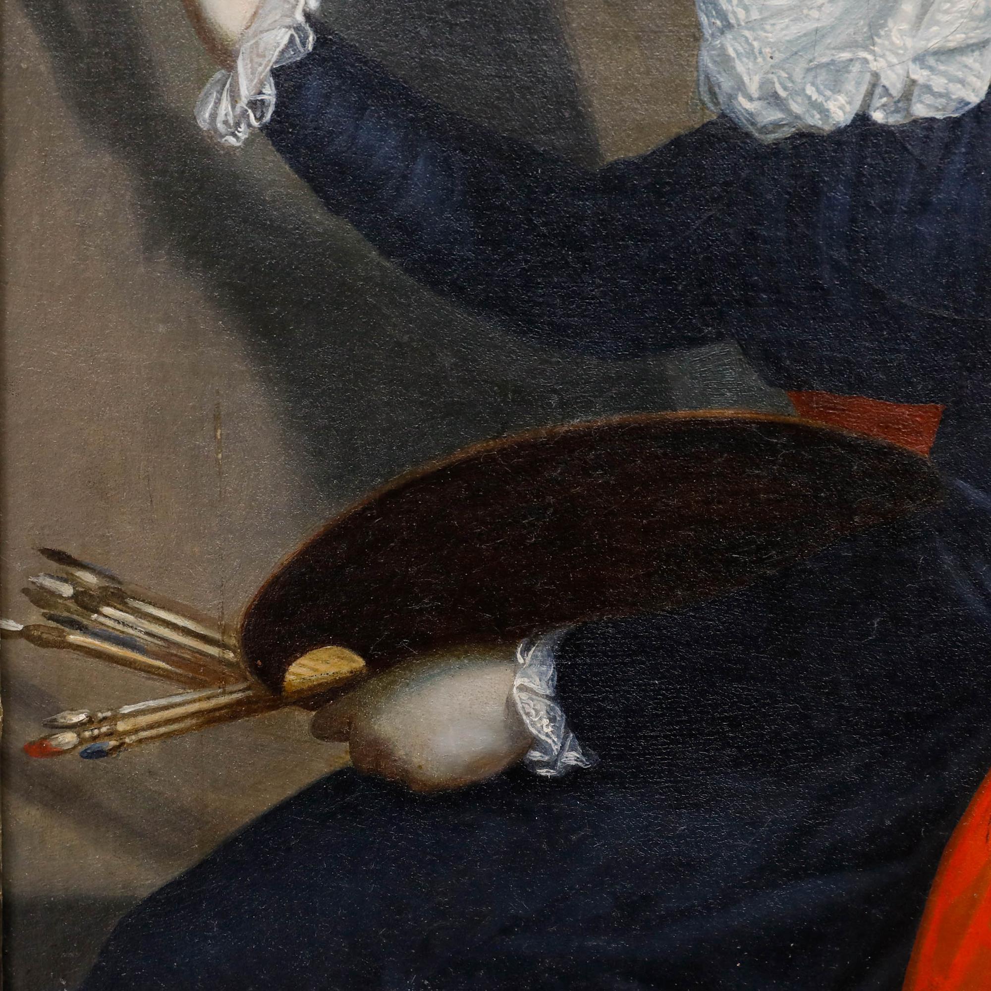 Diese raffinierte Kopie des Selbstporträts von Élisabeth Vigée Le Brun von 1791 aus dem späten 19. Jahrhundert zeigt die Künstlerin an ihrer Staffelei, während sie Königin Marie Antoinette malt. Mit Palette und Pinsel in der Hand und gekleidet in