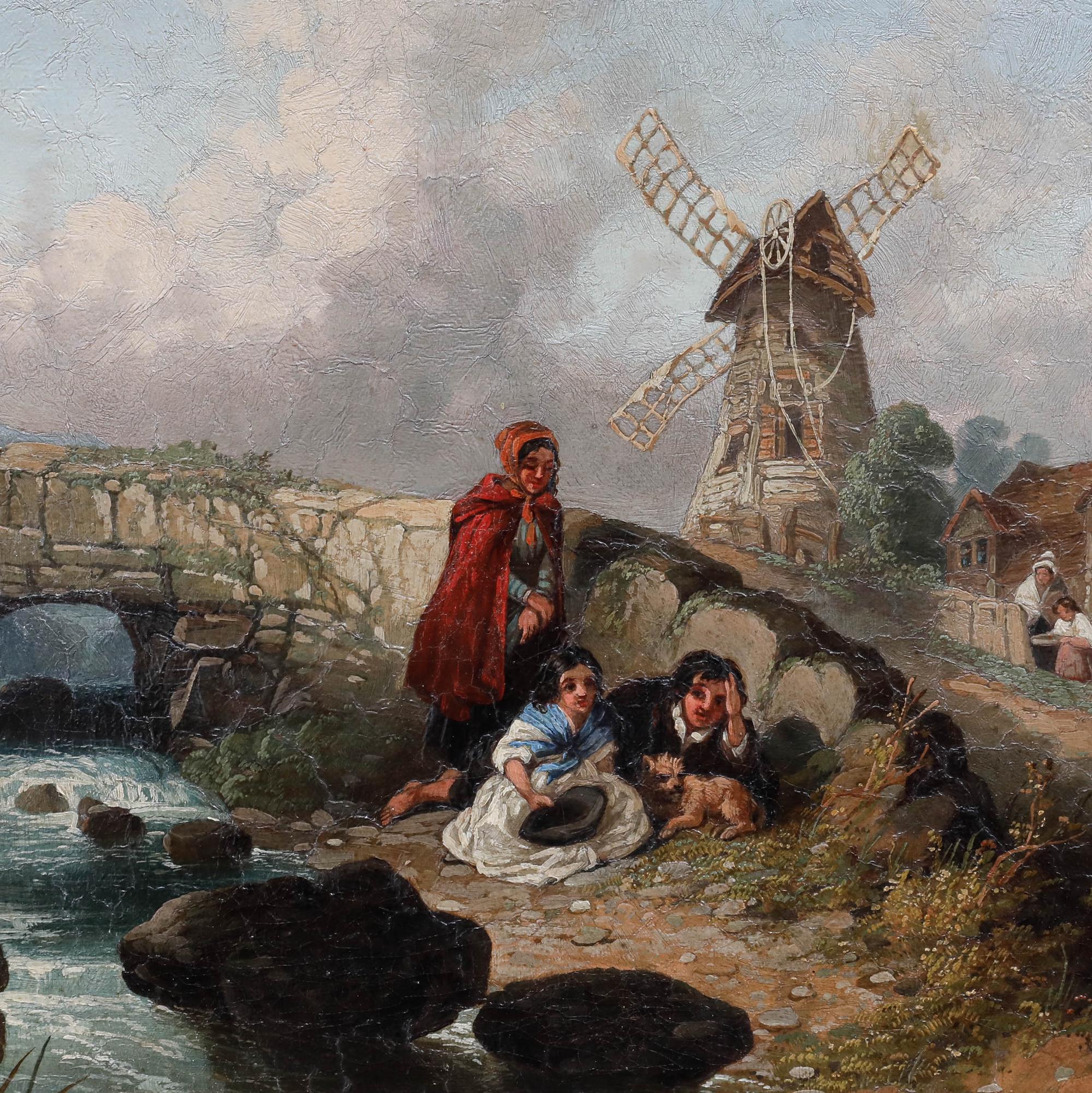 Un affascinante olio del XIX secolo di Francis William Topham (1808-1877) che raffigura dei bambini dispettosi che giocano vicino a un ponte. Firmato 