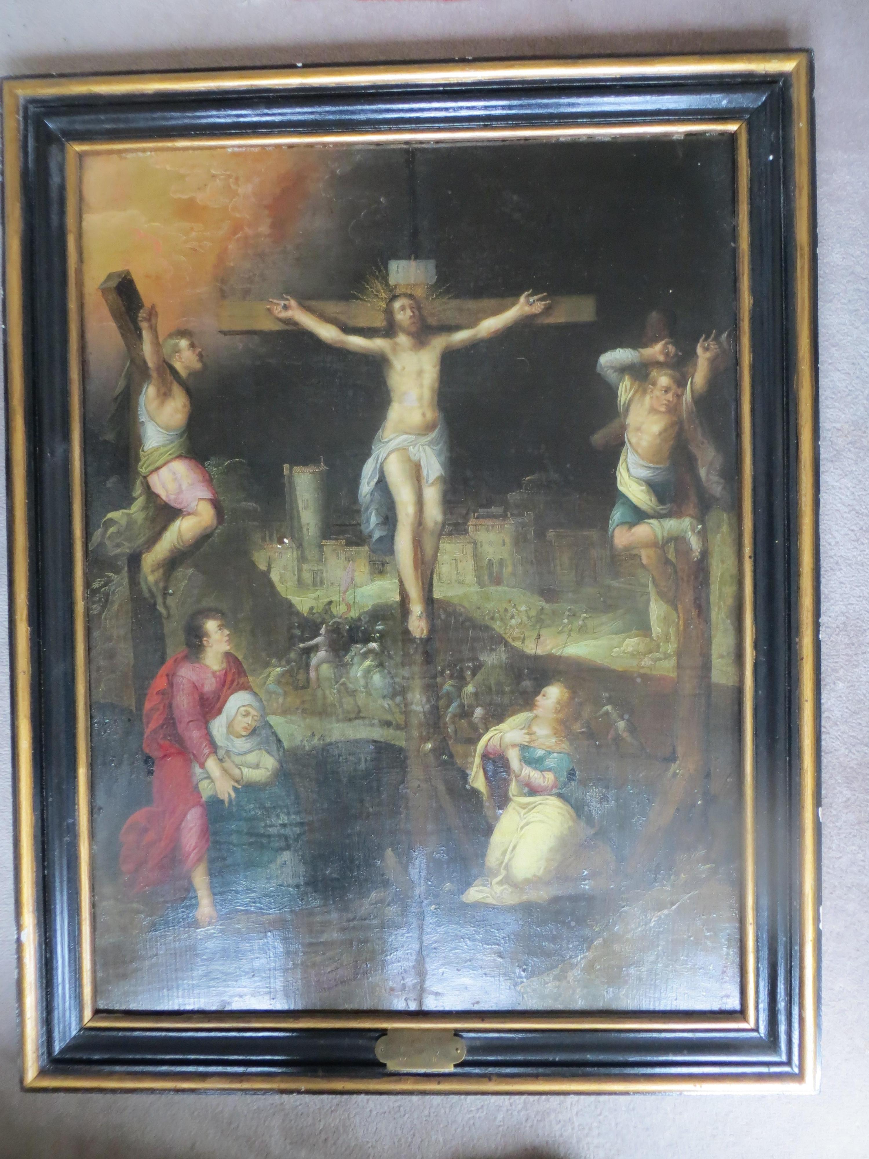 Unknown Figurative Painting – Nach der Kreuzigung Jesu Pannel durch die Franken-Schule 