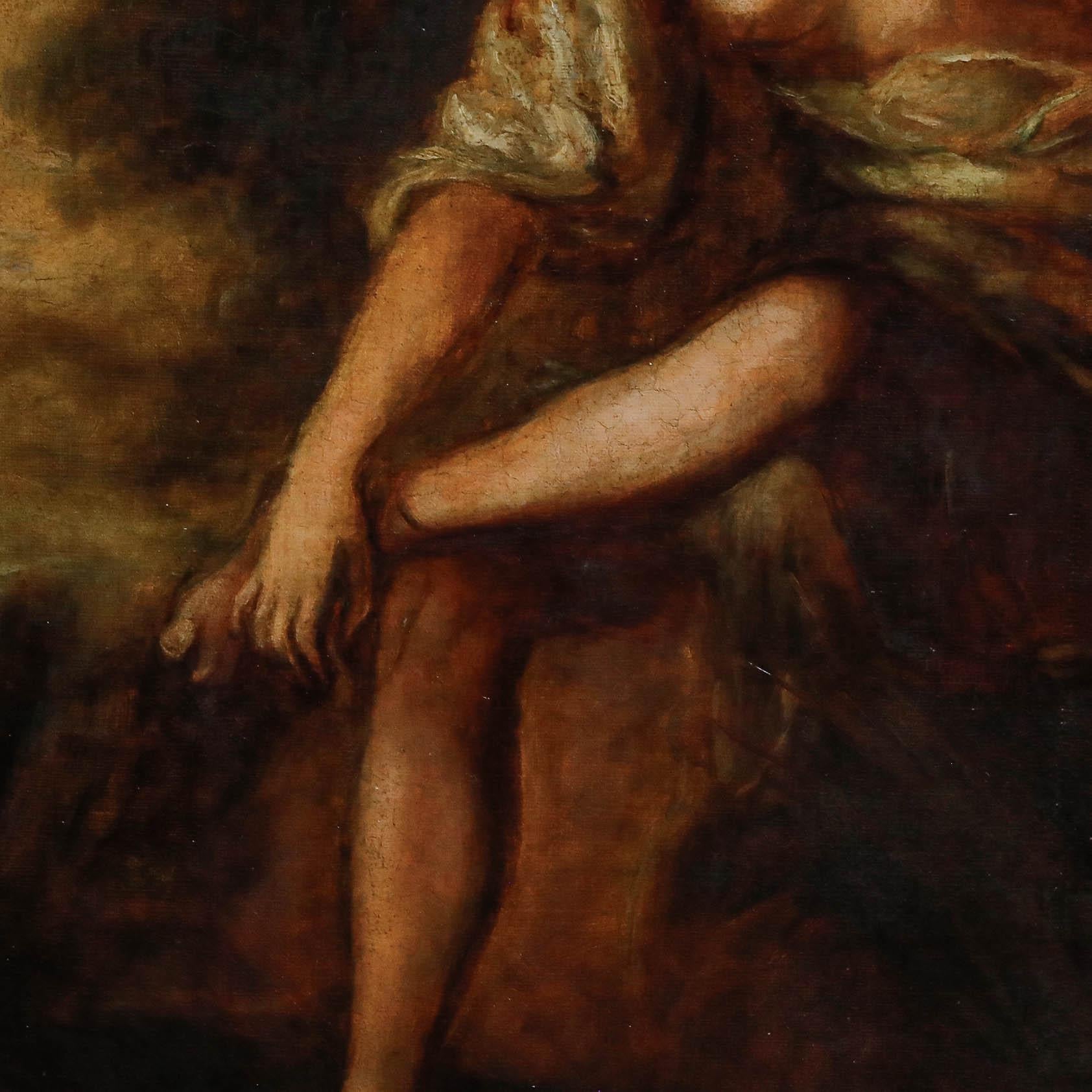 A charming rendition of Thomas Gainsborough's Musidora, depicting a classical nymph bathing her feet in a stream.

Well presented in a gilt frame with an oval slip and ornate foliate mouldings. On canvas. 